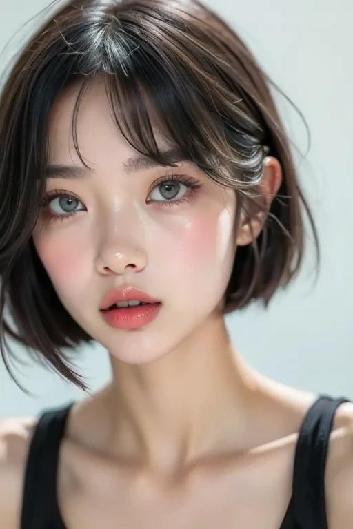 Realistic portrait photography of a woman with short hair and perfect face,Accurately depict the top of the head、Big Mouth,Moisturized lips、Thick, plump and shiny lips with a clear lip balm、Wearing a sports bra