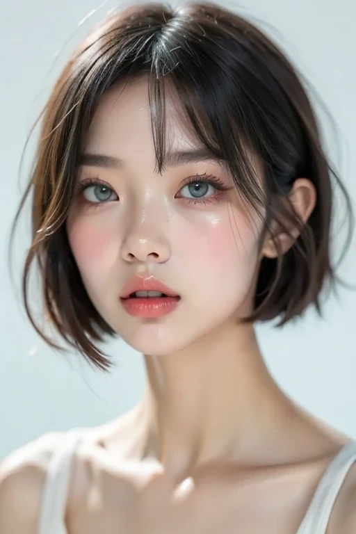 Realistic portrait photography of a woman with short hair and perfect face,Accurately depict the top of the head、Big Mouth,Moisturized lips、Thick, plump and shiny lips with a clear lip balm、Wearing a sports bra