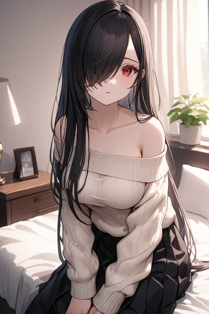 Cowboy Shot, 1girl, Solo, Looking at viewer, Shy, Cute, Red Eyes, Empty Eyes, Expressionless Eyes, Black Hair, Very Long Hair, Straight Hair, ((Hair Over One Eye, Swept Bangs:1.5)), Petite, Large breasts, Pale Skinned, Slender, Curvy, (off-shoulder sweater, Black Skirt), Sitting, Bed, Room, Cinematic Lighting, Masterpiece, 4K, Best Quality, High Resolution, Accurate, Award Winning, (SuperQuality:1.0) ~ (SuperQuality:1.2)