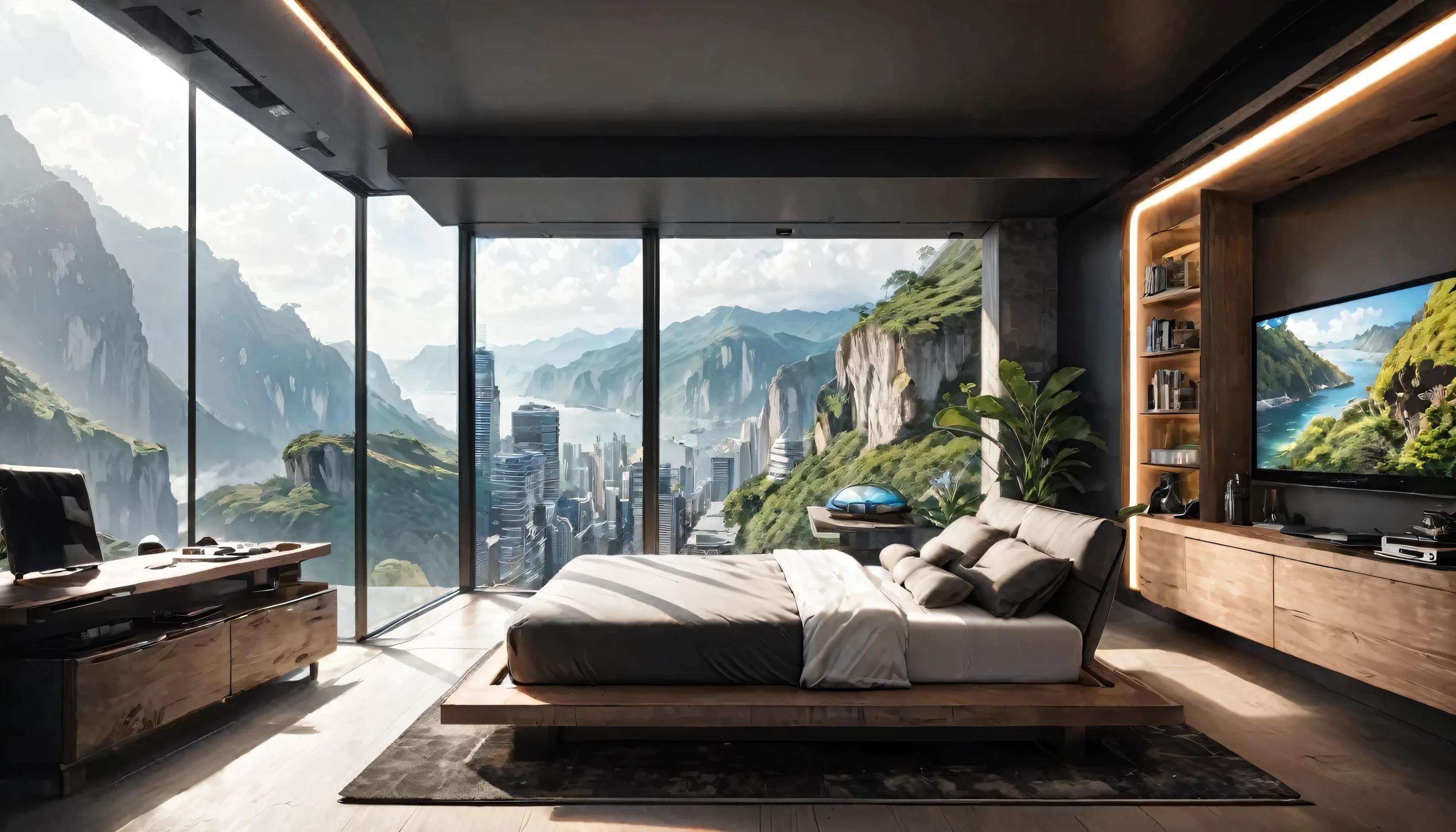 Exotic cottage、Realistic、Real、Realistic、Ultra-luxury accommodation((White Room))、(((Luxury Bed))),Large windows、Futuristic、interior、Designer Room、Exotic rooms and furniture(table,shelf), Wall-mounted TV、(ultra-Detailed Background, Detailed Background), Absurd, High resolution, Super detailed, Very detailed,Outside the window is a cliff view、Like the real thing、8k