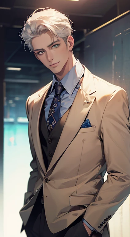 (top-quality:1.4、8K Super Detail CG Wallpapers)、(Cool young man、Blonde spiked hair with red eyes:1.2)、Suit and long trousers、piercings、sit on a chair with one's legs crossed、Dark background
