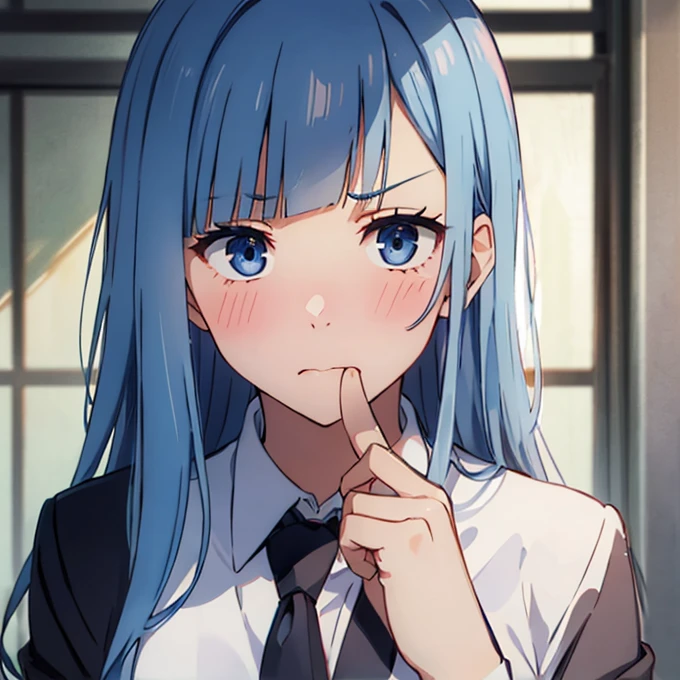 ((Miwa Kasumi 1.3)),Long legs,One Girl, Alone, Blue Hair, tie, Long Hair,black tie, blue eyes, shirt, Upper Body, bangs, jacket, white shirt, formal, collared shirt, Mouth closed, suit, blunt bangs, School uniform,((Panic face:1.3)),Open your mouth,(Blushed:1.3),Adult women,((extremely detail)),((8k),surprise,Embarrassed,cute,Cute expression,((beautiful detail eyes:1.3)),