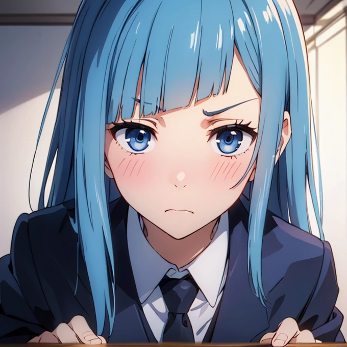 ((Miwa Kasumi 1.3)),Long legs,One Girl, Alone, Blue Hair, tie, Long Hair,black tie, blue eyes, shirt, Upper Body, bangs, jacket, white shirt, formal, collared shirt, Mouth closed, suit, blunt bangs, School uniform,((Panic face:1.3)),Open your mouth,(Blushed:1.3),Adult women,((extremely detail)),((8k),surprise,Embarrassed,cute,Cute expression,((beautiful detail eyes:1.3)),