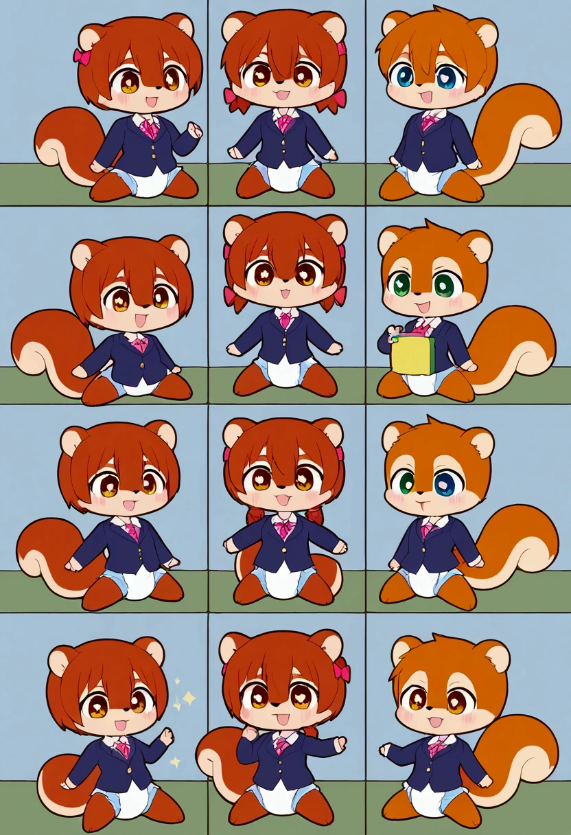 2boys and 1girl, squirrel, furry, bodyfur, tail, collar, bra, bottomless, gloves, boots, chibi, sparkling eyes, idol, hair bow, happy, full body, penis, testicles, some perfect pussy, triplets, full body, love triangle, hug from behind, jumping, school bag, classroom