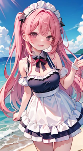 1 girl, game CG, sleeveless frilled black string bikini, cleavage visible, navel visible, maid's hair accessory, maid's small apron, gigantic breasts, pink hair, long hair, low twintails, princess hairstyle, ahoge, pink eyes, ocean, sandy beach, trees, cafes, trays, embarrassed,