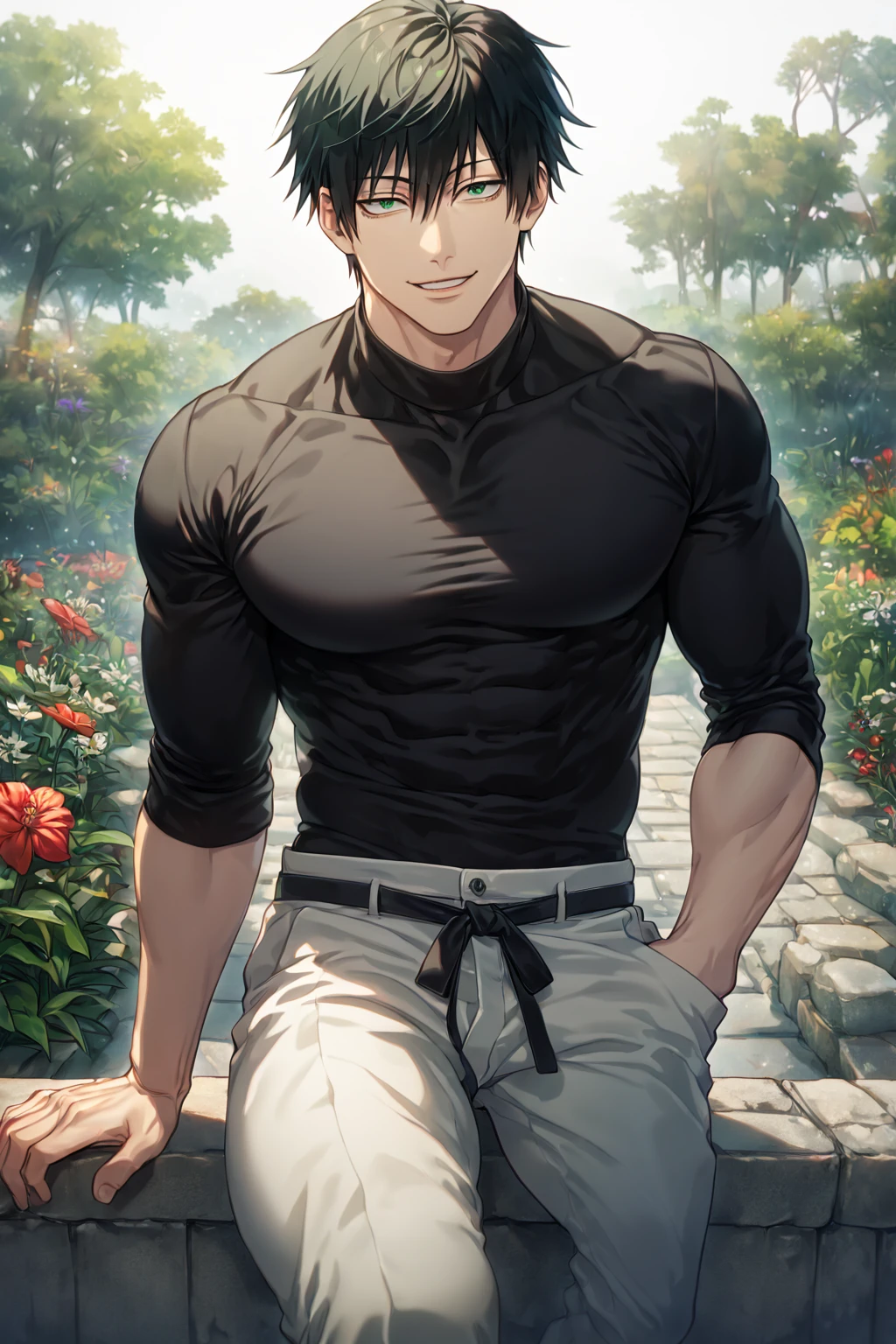 Roronoa Zoro semi naked in boxers blushing, embarrassed in a park