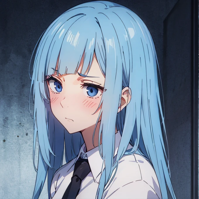 ((Miwa Kasumi 1.3)),Long legs,One Girl, Blue Hair, tie, Long Hair,black tie, blue eyes, shirt, Upper Body, bangs, jacket, white shirt, formal, collared shirt, Mouth closed, suit, blunt bangs, School uniform,((Panic face:1.3)),Open your mouth,(Blushed:1.3),Adult women,((extremely detail)),((8k)),surprise,(Embarrassed),cute,Cute expression,((beautiful detail eyes:1.4)),