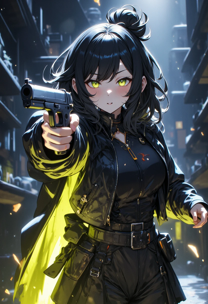 a girl doing shooting pose with a gun pointing at viewer,wearing black jacket and layered outfit,open hoodie,cyberpunk mix for the jacket,walking in the street at night, dynamic lighting, HSV