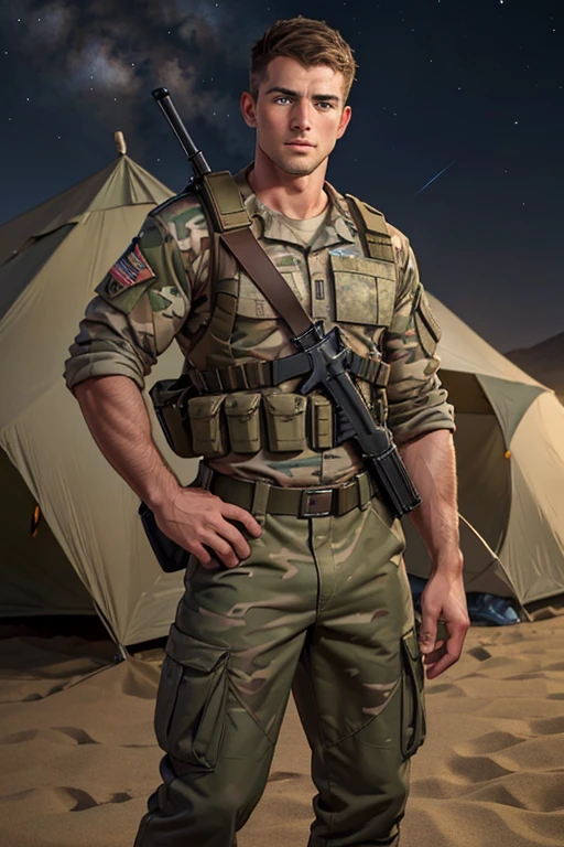 Photo realistic. A handsome, twenty-four-year-old, fit Caucasian male soldier, with fade-cut, brown hair, and blue eyes, shirtless, wearing camouflage cargo pants, in an army camp, in a middle eastern desert, at night.