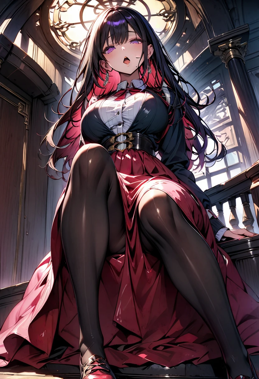 Young beautiful woman,(Highest quality,Extremely detailed depiction,Incredibly absurd high resolution,Anatomically accurate depiction,Two lovely hands, Five perfect fingers,Curvy Legs),(Glowing Skin,Shiny skin,Oilskin),(((Succubus disguised as a princess))),(A shiny white princess dress with intricate construction,Luxurious accessories,necklace,Earrings,bracelet,A luxurious tiara,black tights),eyelash,(Glowing pink eyes,There is cleavage in the chest,A seductive smile,Large Breasts,Glossy Lips,Shadowed face,Sitting with knees raised and soles of feet facing towards you),Sweat,whole body,background:Bedroom at night,Sitting,Pink Light,From below