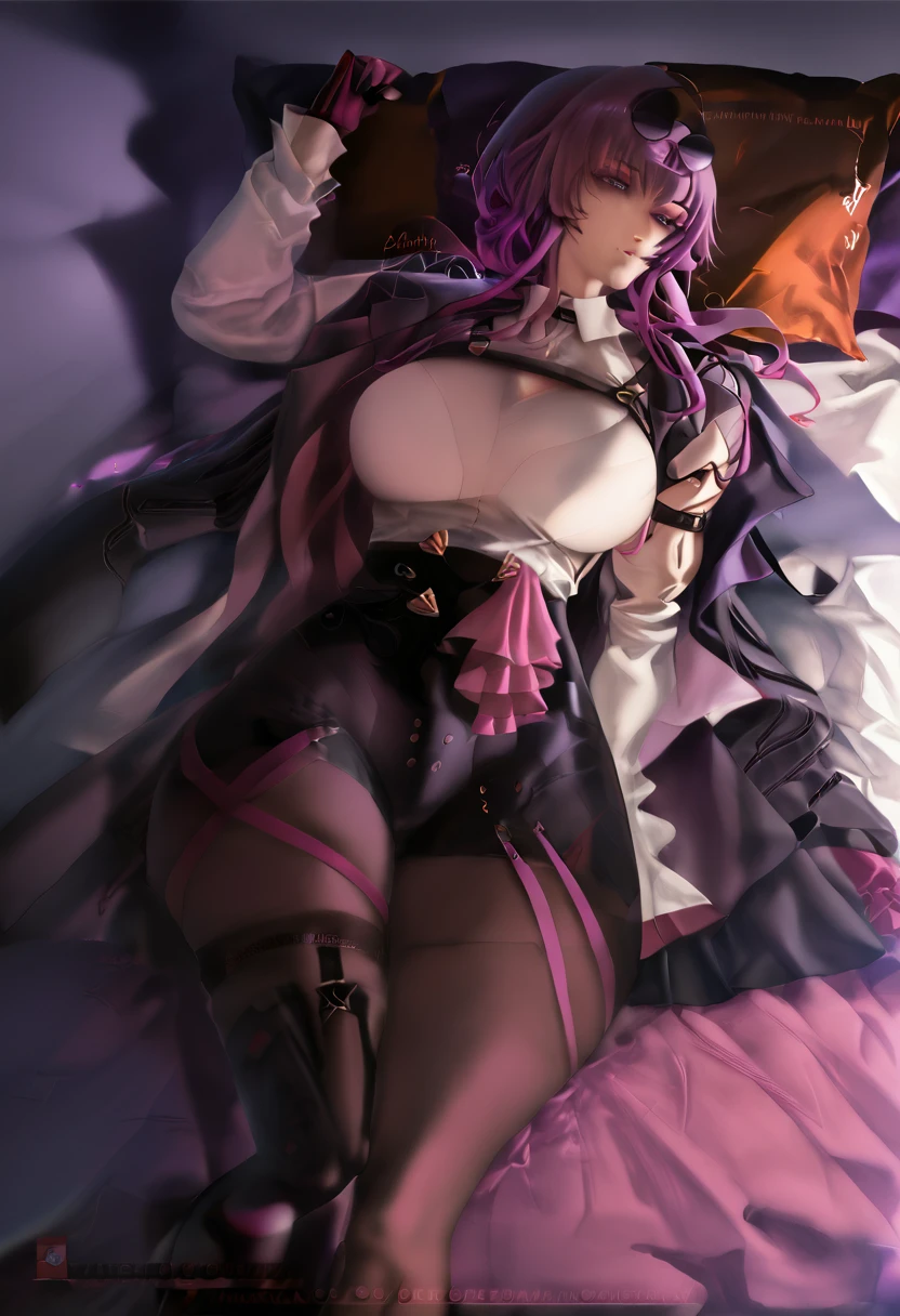 masterpiece, high quality, DETAILED, cinematic lighting, darkness, Official digital art, arte digital, kafuka, 1 girl, Gloves, socks, purple hair, Sunglasses, glasses on the head, big breasts, white shirt, short negro, black shoes, throw away, fringe, long sleeves, purple eyes, jacket, Hotel room, lying on a bed, Evening, side light, perfect body, perfect anatomy.