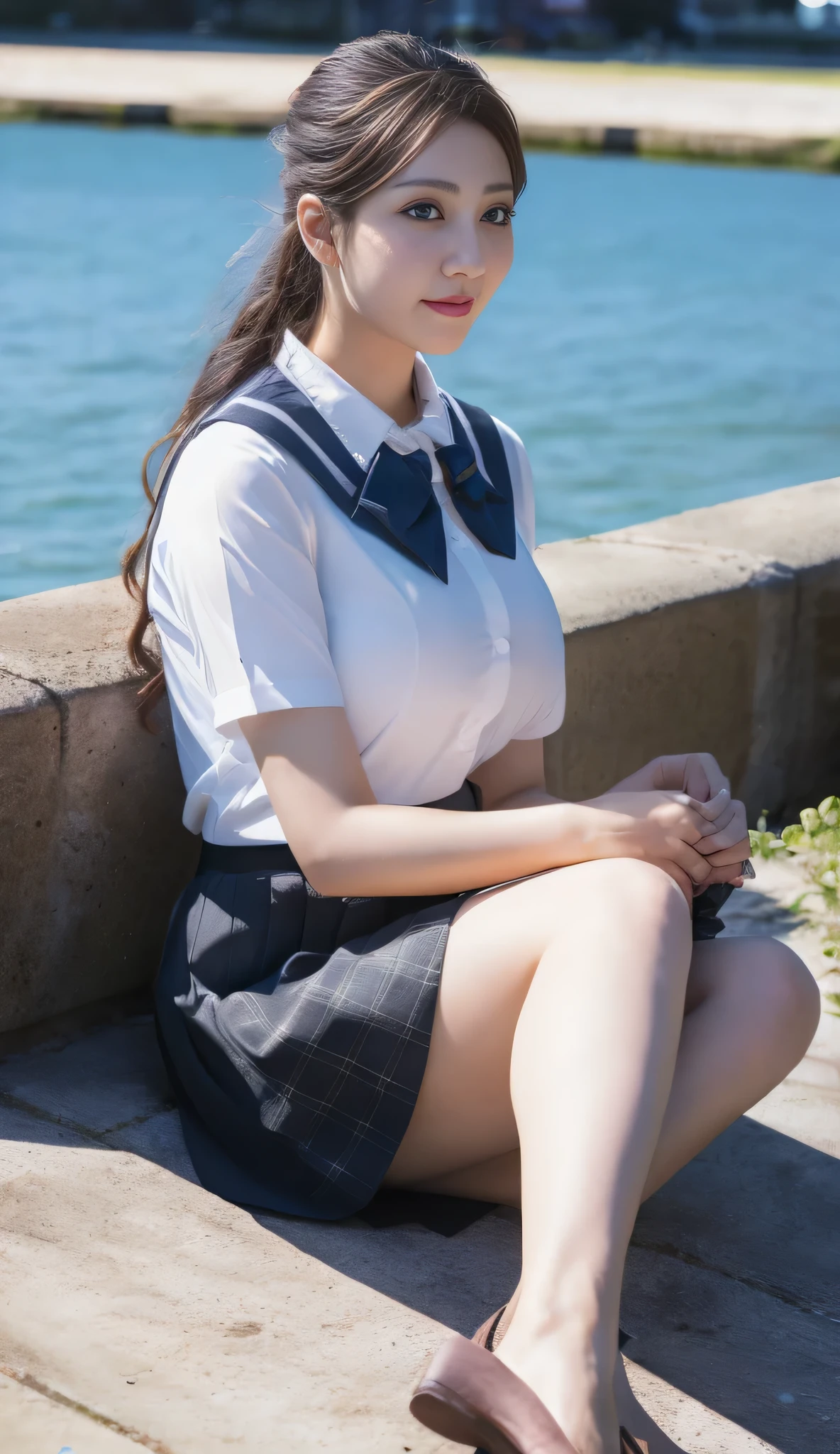 8K Raw Photo, Best Quality, masterpiece, Ultra High Resolution, 3d, Realistic, One girl, , black_hair, black_Sailor_collar, length_hair, nose, School_uniform, Seraphim, Natural skin texture, Light Brown_eye, detailed eyes and face, lips, lipstick, Beautiful legs, Very Huge breasts, Beautiful seaside location, (Detailed Background), Plaid skirt, White shirt, Huge breasts, Blurred Background, Short sleeve