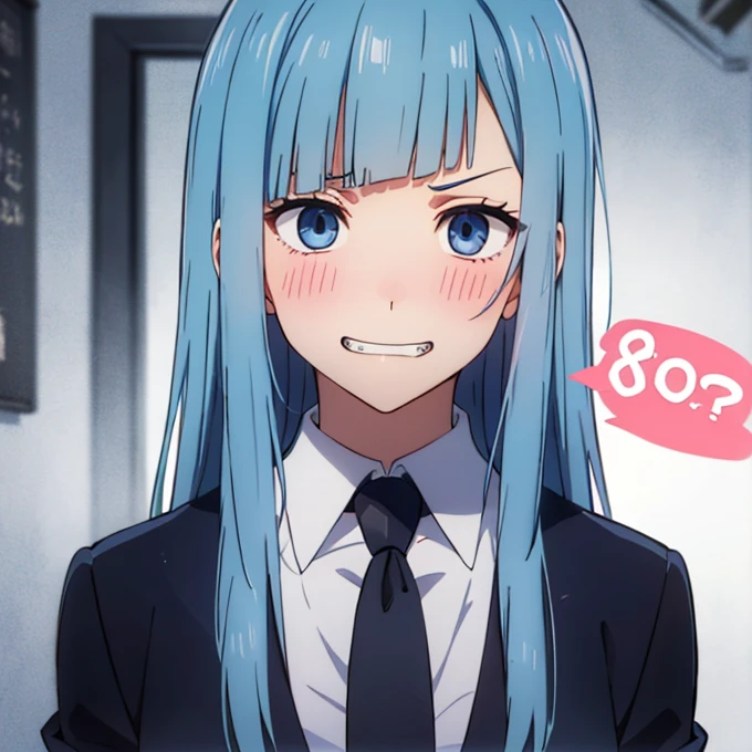 ((Miwa Kasumi 1.3)),Long legs,One Girl, Blue Hair, tie, Long Hair,black tie, blue eyes, shirt, Upper Body, bangs, jacket, white shirt, formal, collared shirt, Mouth closed, suit, blunt bangs, School uniform,((Panic face:1.3)),Open your mouth,(Blushed:1.3),Adult women,((extremely detail)),((8k)),surprise,(Embarrassed),cute,Cute expression,((beautiful detail eyes:1.4)),((evil grin:1.3))