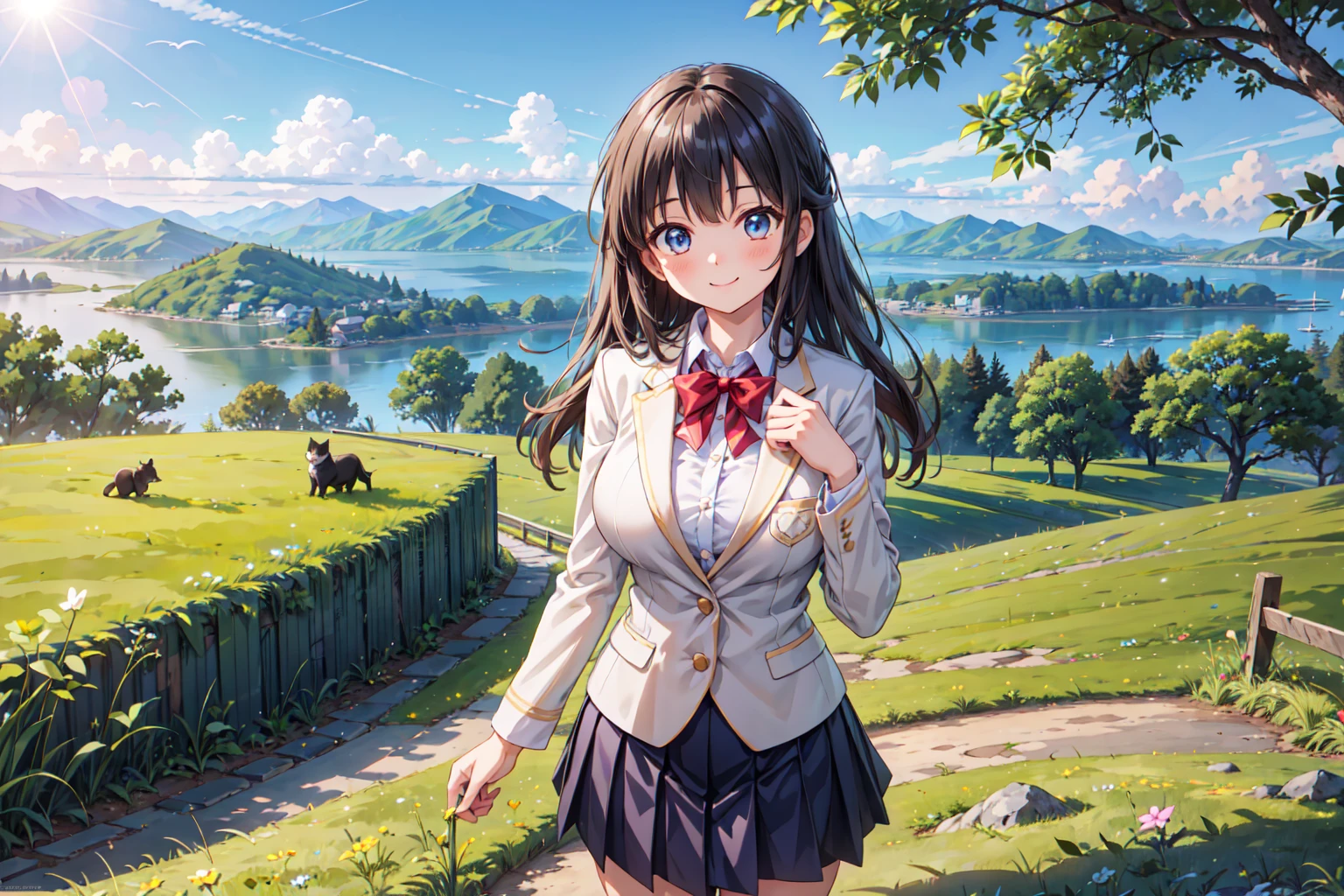 (((Masterpiece, 16k, Highest quality, Ultra-high resolution, Depth of subject))), ((Very detailed, Japanese countryside scenery)), (((High school girl in blazer uniform, 2 people, skirt, Big Breasts))), ((Beautiful girl in great detail)), (((Very accurate body structure, Very precise body movements))), ((Very cute smile)), On the way home, 3pm, A peaceful landscape with a view of the sea, Warm sunshine, Grass Park, chat, We love each other, Touching each other&#39;s breasts, Naughty feelings, The love is unstoppable, hug, Very accurate perspective