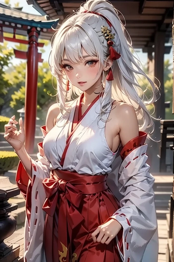 masterpiece, Best Quality, Very detailed, 1girl, white Hair, face: sweet girl, medium breasts, shrine maiden, casual miko style, sexy, extravagant costume
