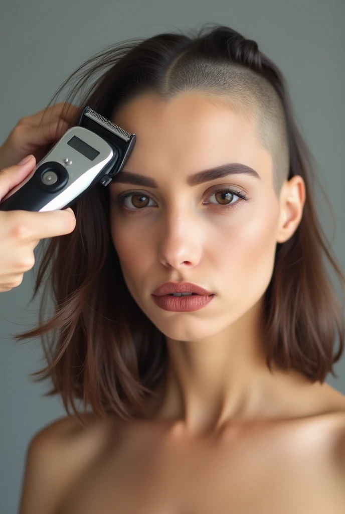 25 yrs old beautiful woman has hair clippers at her forehead shaving her head, dark brown hair is being cut and falling to the ground, (the side and top of her head are bald)
