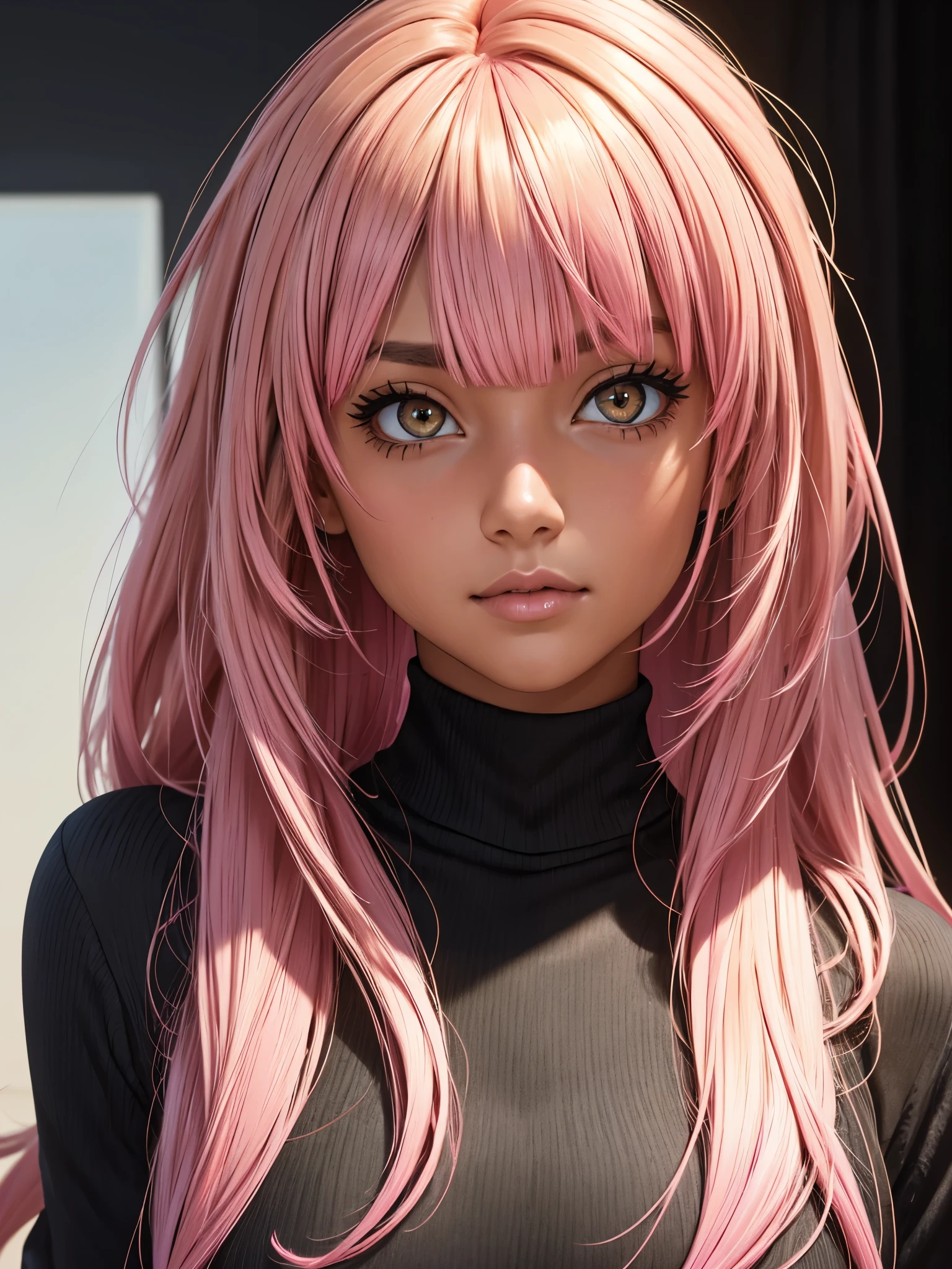 (best quality), 1girl, Female, tanned skin, pink hair, yellow streaked hair, long hair, asymmetrical bangs, brown eyes, perfect eyes, normal bust, black turtleneck, masterpiece, anatomically correct, highres
