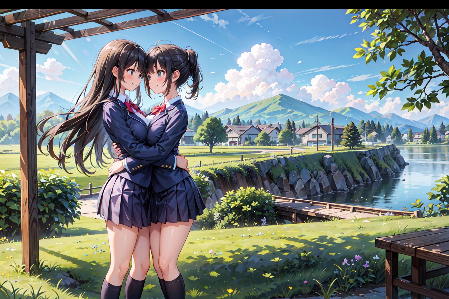 (((Masterpiece, 16k, Highest quality, Ultra-high resolution, Depth of subject))), ((Very detailed, Japanese countryside scenery)), (((High school girl in blazer uniform, 2 people, skirt, Big Breasts))), ((Beautiful girl in great detail)), (((Very accurate body structure, Very precise body movements))), ((Very cute smile)), On the way home, 3pm, A peaceful landscape with a view of the sea, Warm sunshine, Grass Park, chat, We love each other, Touching each other&#39;s breasts, Naughty feelings, The love is unstoppable, hug, Very accurate perspective