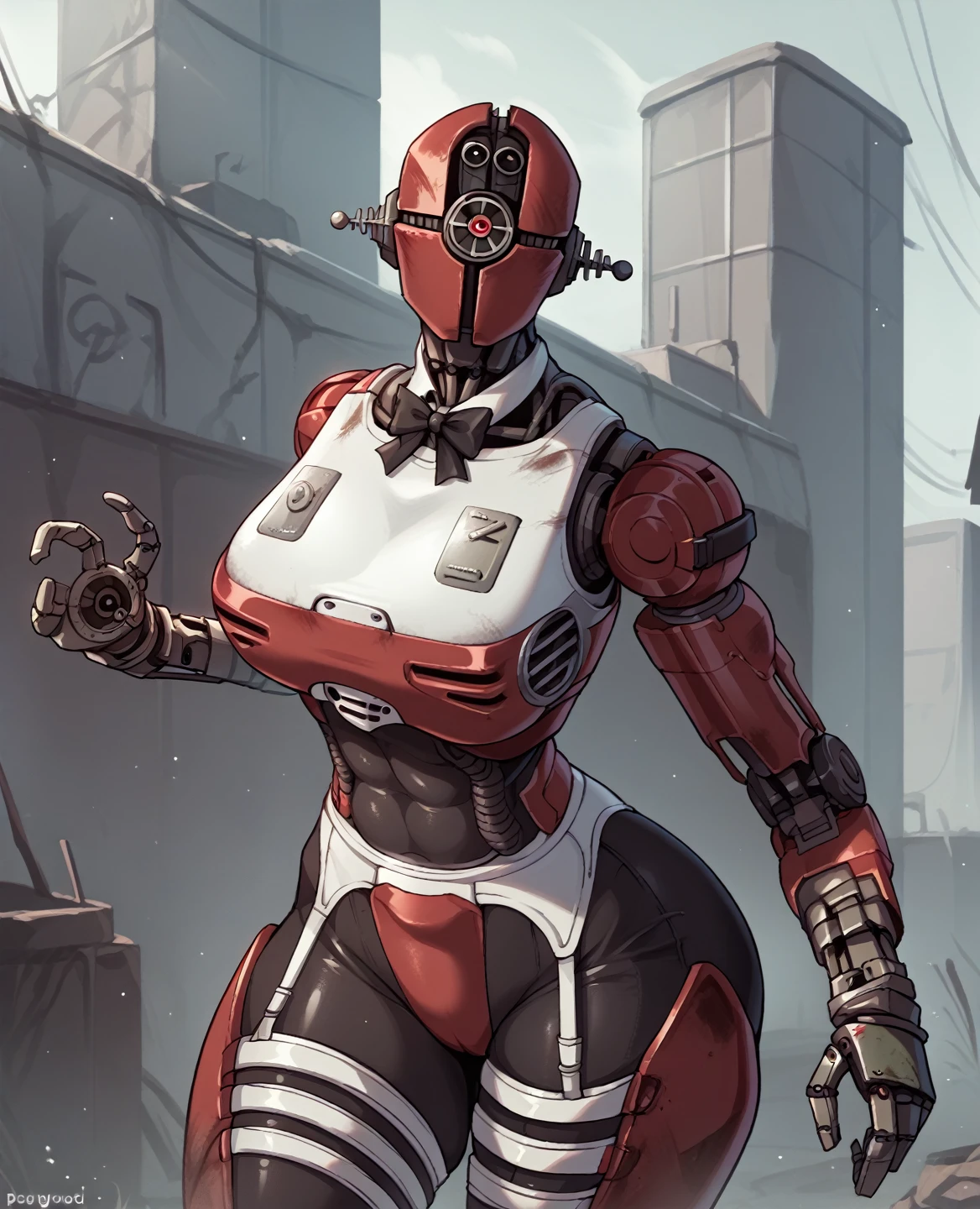 score_9, score_8_up, score_7_up, score_6_up, score_5_up, source_furry, assaultron, fallout, 1girl, solo, , looking at viewer, robot, humanoid robot, robot joints, one-eyed, joints, no humans, red skin, mechanical arms,  plate, science fiction, post-apocalypse, outside, red armor, robotic hand, 5 fingers, full figure, , thick thighs, white fishnet and garter belt, black bowtie, white collar, white wristcuffs