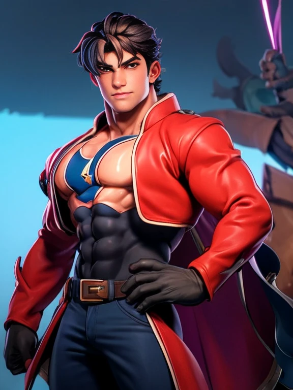 Handsome young man with a beautiful body, a handsome man, is wearing a hero costume.