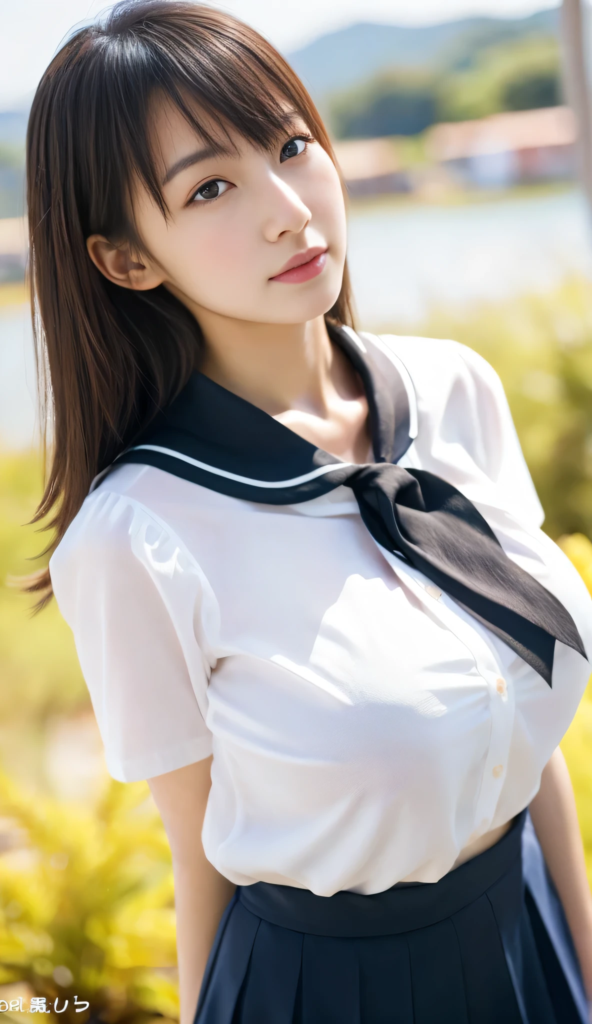ulzzang-6500-v1.1, (Raw photo:1.2), (Photorealism), Beautiful detailed girl, Very detailed eyes and face, Beautiful detailed eyes, Huge file size, (Big), High Resolution, Very detailed, Best quality, [Masterpiece:1.6], [JK Uniform], Illustration, Very detailed, CG, Fine detail, Best quality, Very detailed CG uniform 8k wallpaper, Movie Lighting, 1 girl, 17 years old, cute Japan high school girl, perfect figure, [wearing white school blouse unbuttoned], large taut breasts, [huge breasts, heavy breasts, H cup: 1.8], cute drooping eyes, beautiful big eyes, white school blouse, bra, sweaty and wet, [sexual arousal: 1.1], lying in bed: 1.5], hands raised, School uniform ribbon around neck, smile, (the whole body is wet), shining eyes