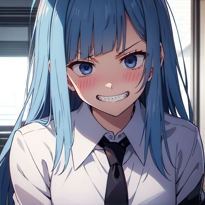 ((Miwa Kasumi 1.3)),Long legs,One Girl, Blue Hair, tie, Long Hair,black tie, blue eyes, shirt, Upper Body, bangs, jacket, white shirt, formal, collared shirt, Mouth closed, suit, blunt bangs, School uniform,((Panic face:1.3)),Open your mouth,(Blushed:1.3),Adult women,((extremely detail)),((8k)),surprise,(Embarrassed),cute,Cute expression,((deep detail eyes:1.4)),((evil grin:1.4))