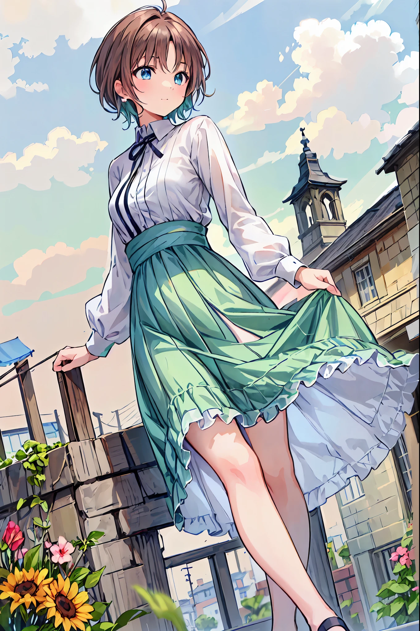 Anime girl in a green skirt and white shirt walking on a sidewalk ...