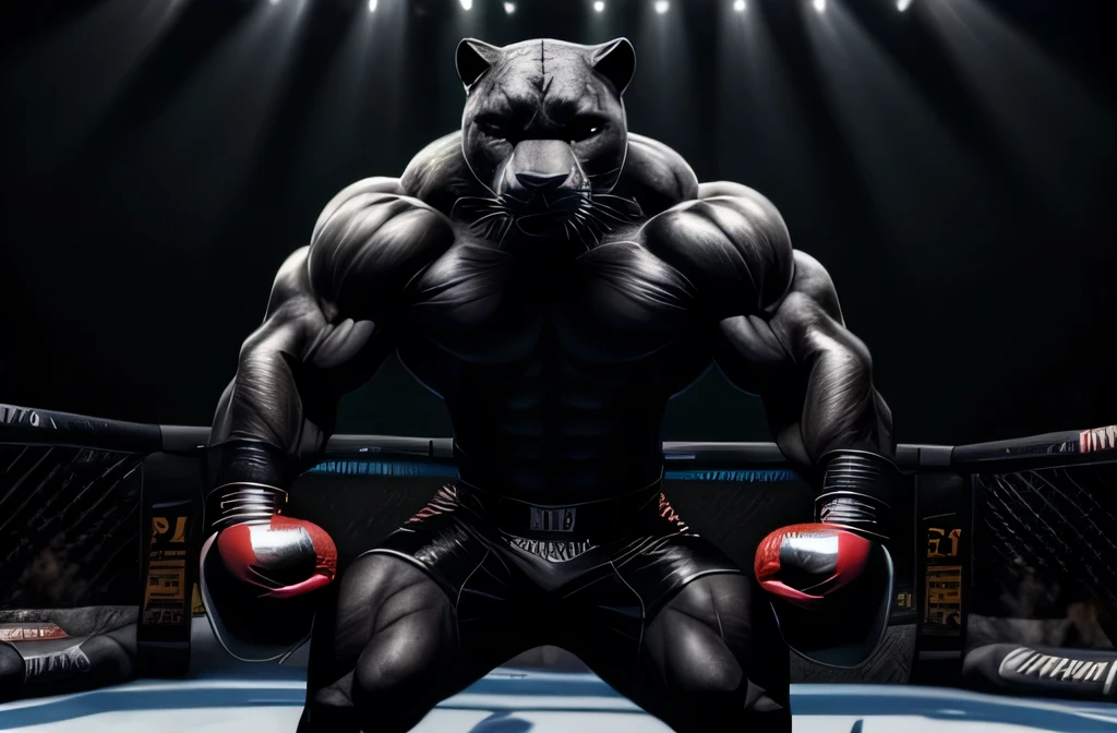 A muscular black panther, standing like a human, in UFC fighting stance, with boxing gloves, face concentrated