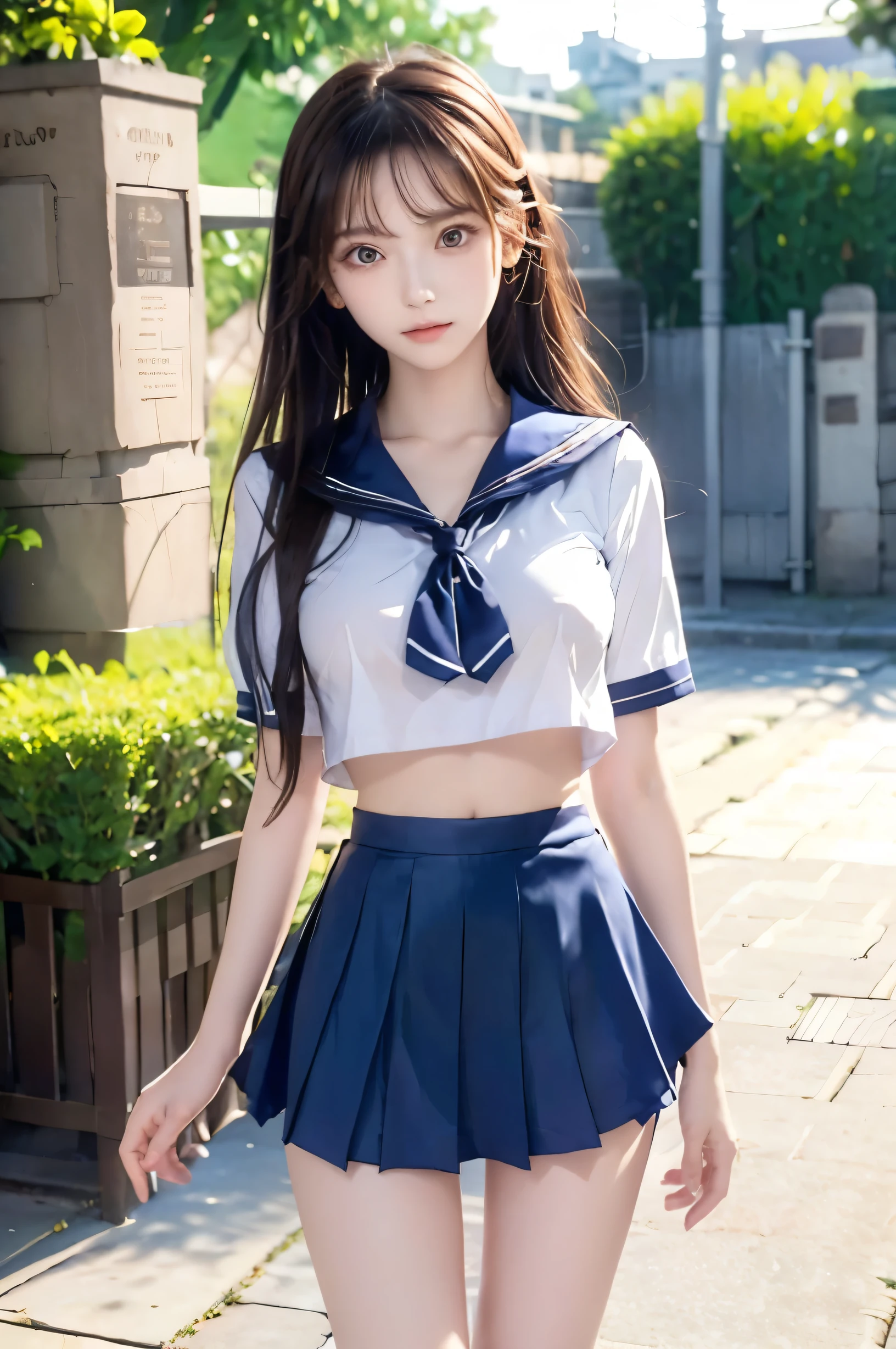 (Ultra HD), (Looking at me), (Short-sleeved sailor uniform, Navy blue mini skirt), Big Breasts, Super beautiful breasts, Slender, (Thin legs:1.2), (Thin thighs:1.2), (Thin Hips:1.4), (Beautiful Skin, Shiny skin, White skin), (Super slim face, Super beautiful face, No makeup, Smile:0.6), (Light Brown, Long Hair, Layered Cut, Fluffy hair), (Big eyes:1.3, High corners of the eyes:1.6, double eyelid), (Thin eyebrows:0.1), (Small Nose:0.6), (Thin lips:0.6), Beautiful Hands, Empty-handed, Standing, In front of the school gate