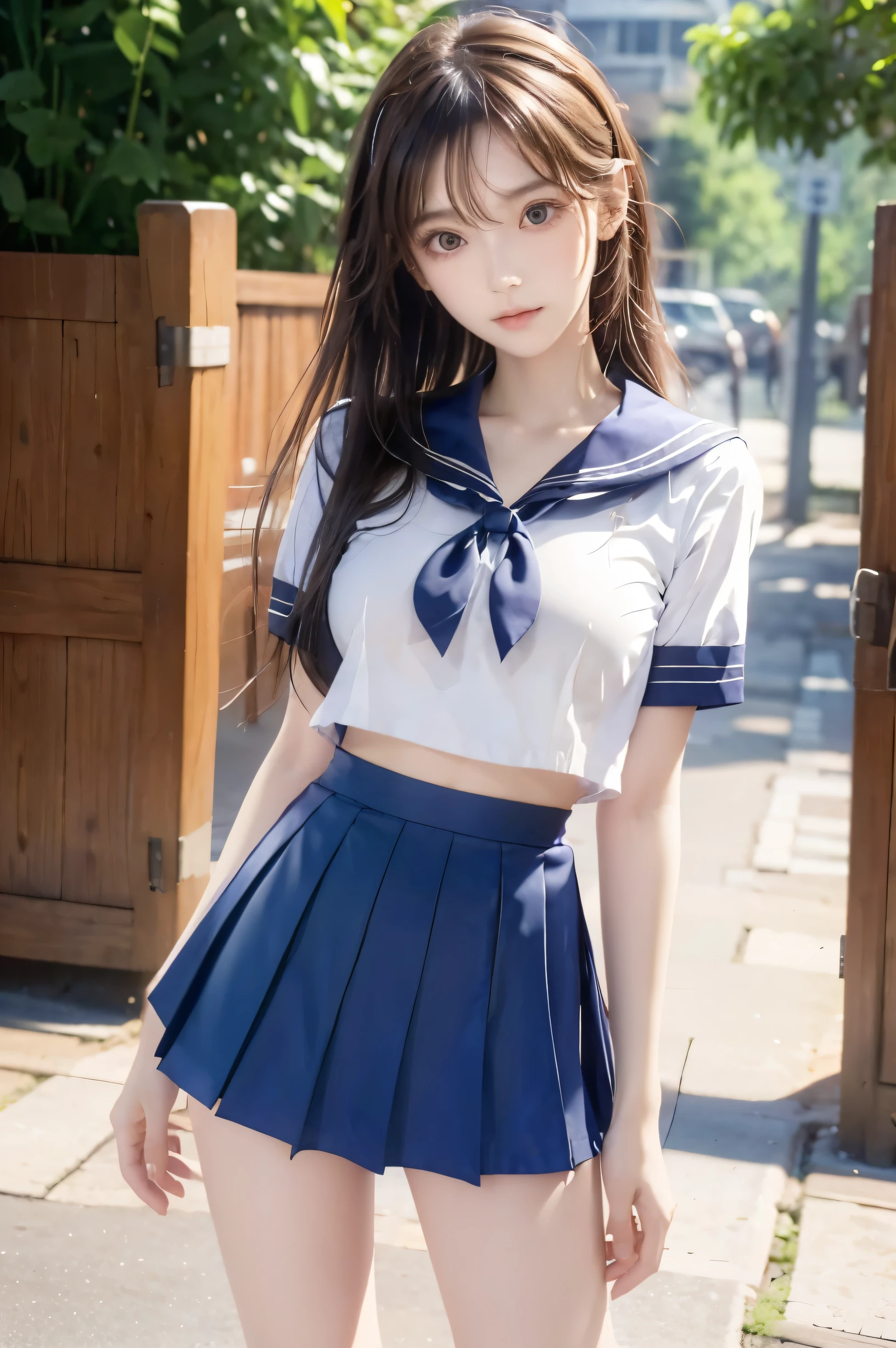 (Ultra HD), (Looking at me), (Short-sleeved sailor uniform, Navy blue mini skirt), Big Breasts, Super beautiful breasts, Slender, (Thin legs:1.2), (Thin thighs:1.2), (Thin Hips:1.4), (Beautiful Skin, Shiny skin, White skin), (Super slim face, Super beautiful face, No makeup, Smile:0.6), (Light Brown, Long Hair, Layered Cut, Fluffy hair), (Big eyes:1.3, High corners of the eyes:1.6, double eyelid), (Thin eyebrows:0.1), (Small Nose:0.6), (Thin lips:0.6), Beautiful Hands, Empty-handed, Standing, In front of the school gate