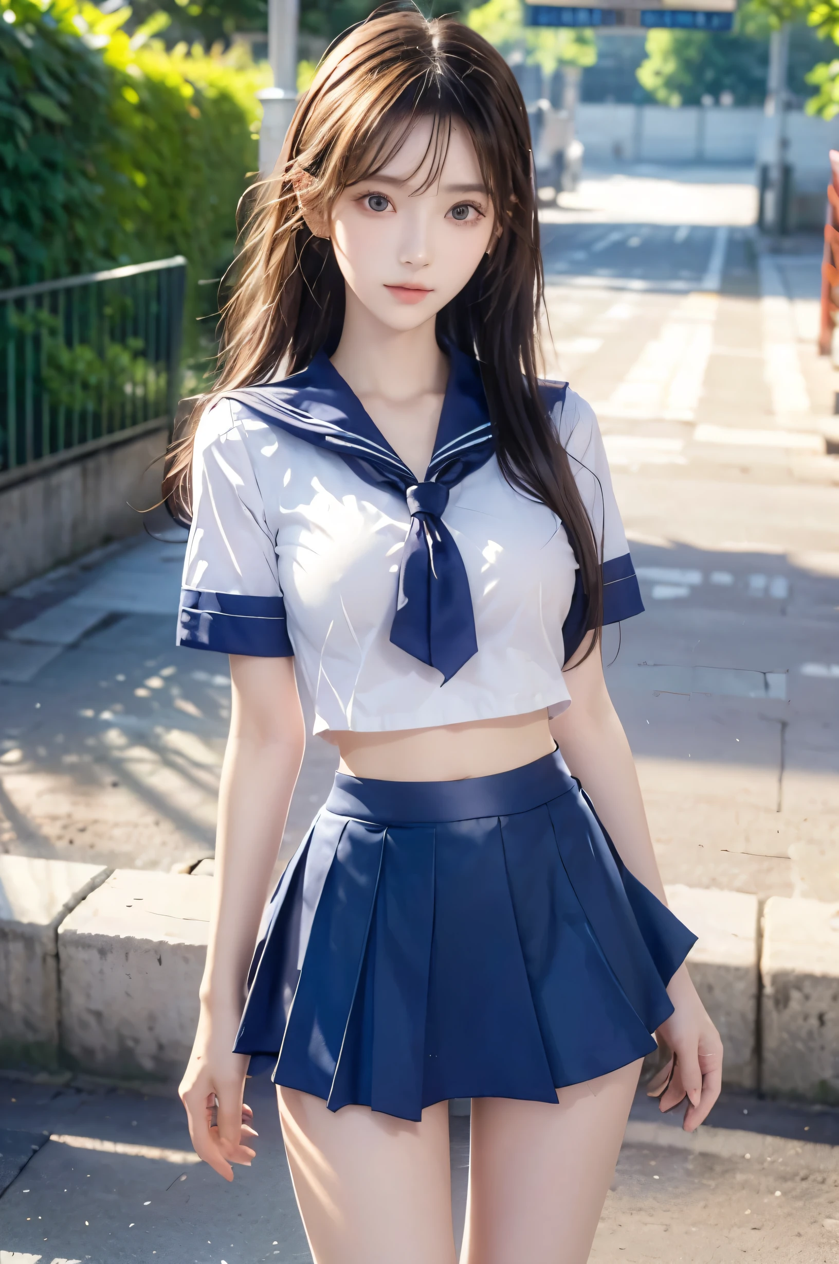 (Ultra HD), (Looking at me), (Short-sleeved sailor uniform, Navy blue mini skirt), Big Breasts, Super beautiful breasts, Slender, (Thin legs:1.2), (Thin thighs:1.2), (Thin Hips:1.4), (Beautiful Skin, Shiny skin, White skin), (Super slim face, Super beautiful face, No makeup, Smile:0.6), (Light Brown, Long Hair, Layered Cut, Fluffy hair), (Big eyes:1.3, High corners of the eyes:1.6, double eyelid), (Thin eyebrows:0.1), (Small Nose:0.6), (Thin lips:0.6), Beautiful Hands, Empty-handed, Standing, In front of the school gate