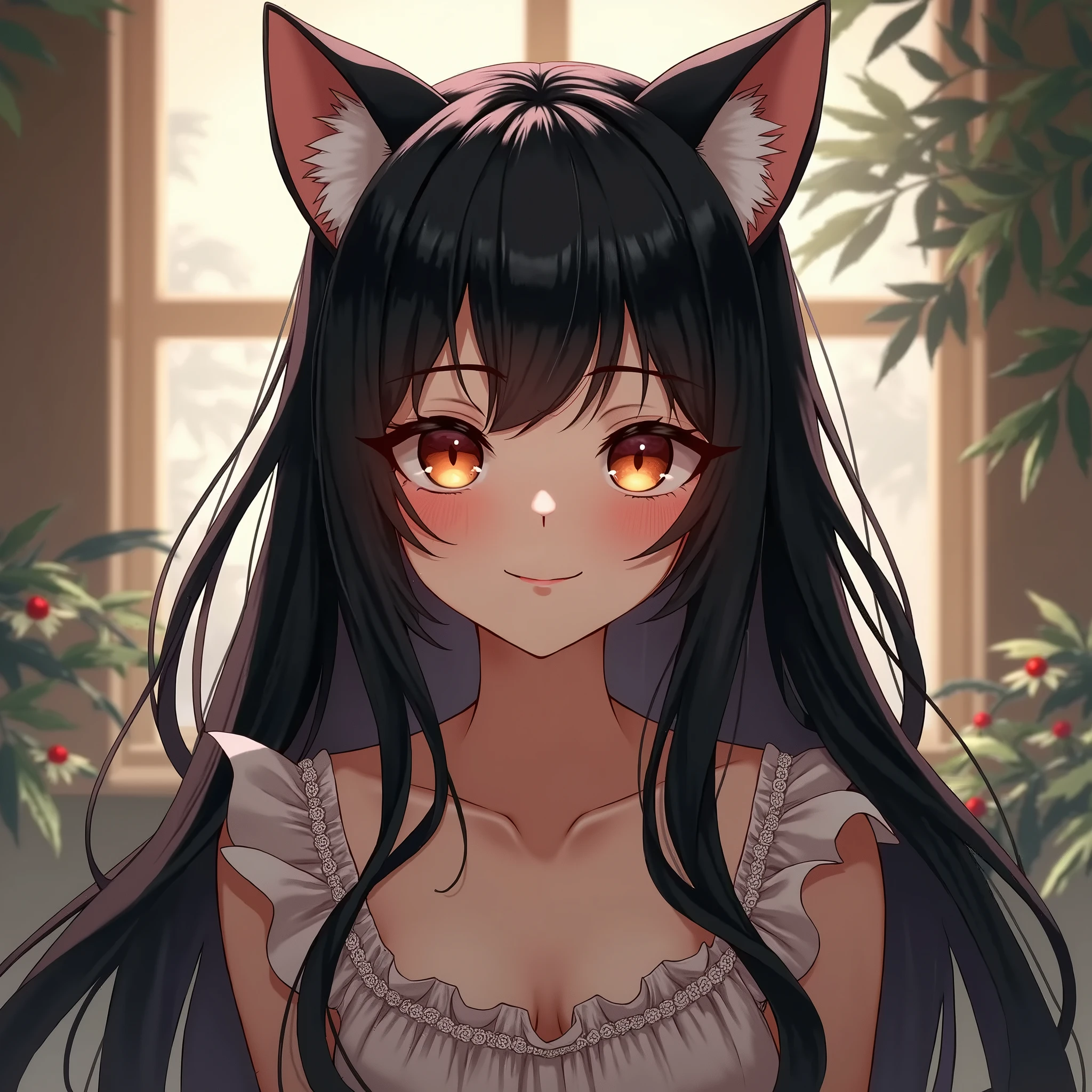 (masterpiece), (best quality), (intricate_details:1.1), (finely detailed:1.4), (distinct_image:1.2), (cafe background), 1girl, cute, (face focus), shiny red eyes/black hair, cat ears, vine, smooth lighting, shirt,