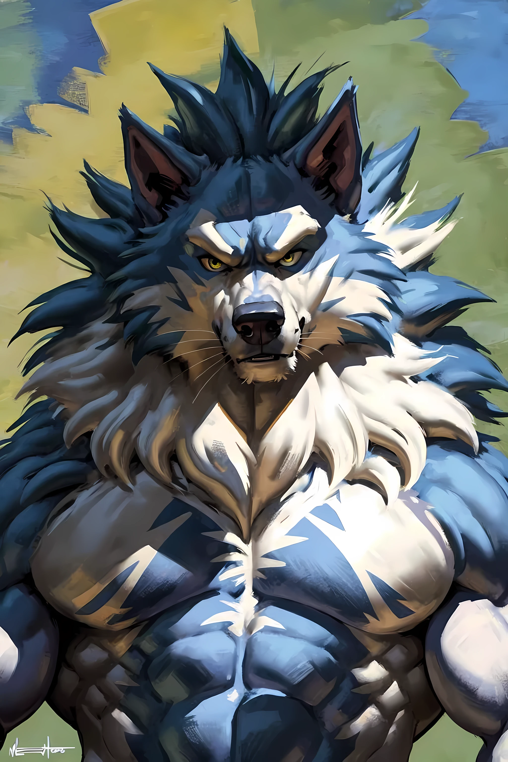 gallon, werewolf, mane, very muscular:1.2, muscular arms, heavyweight, abs, sixpack, high quality, best resolution, stern face, looking at viewer, (half body, upper body):1.1, strong chest, big pectorals, by zaush, by meesh, by juiceps, by taran fiddler, simple background:1.2, yellow eyes, detailed eyes, watercolors, painterly style, full body, wolf feet