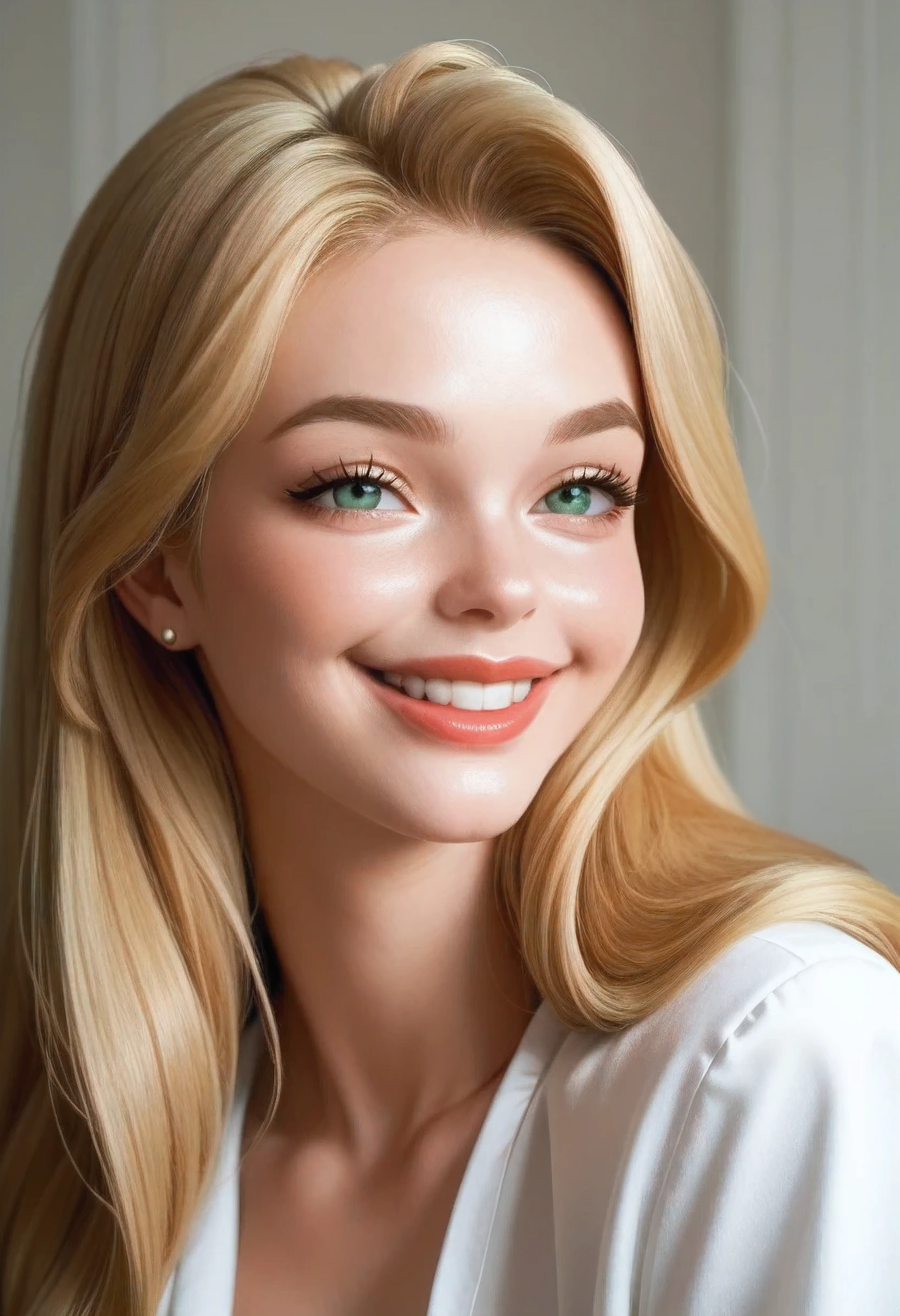 Sexy woman. Sexy eyes. Sexy nose. Thin lips. Heart-shaped face. Blonde long hair. Ray Tracing. Glowing Light. Canon. Gray Green. Naughty Face. Ligth Smile. Expressions. 
