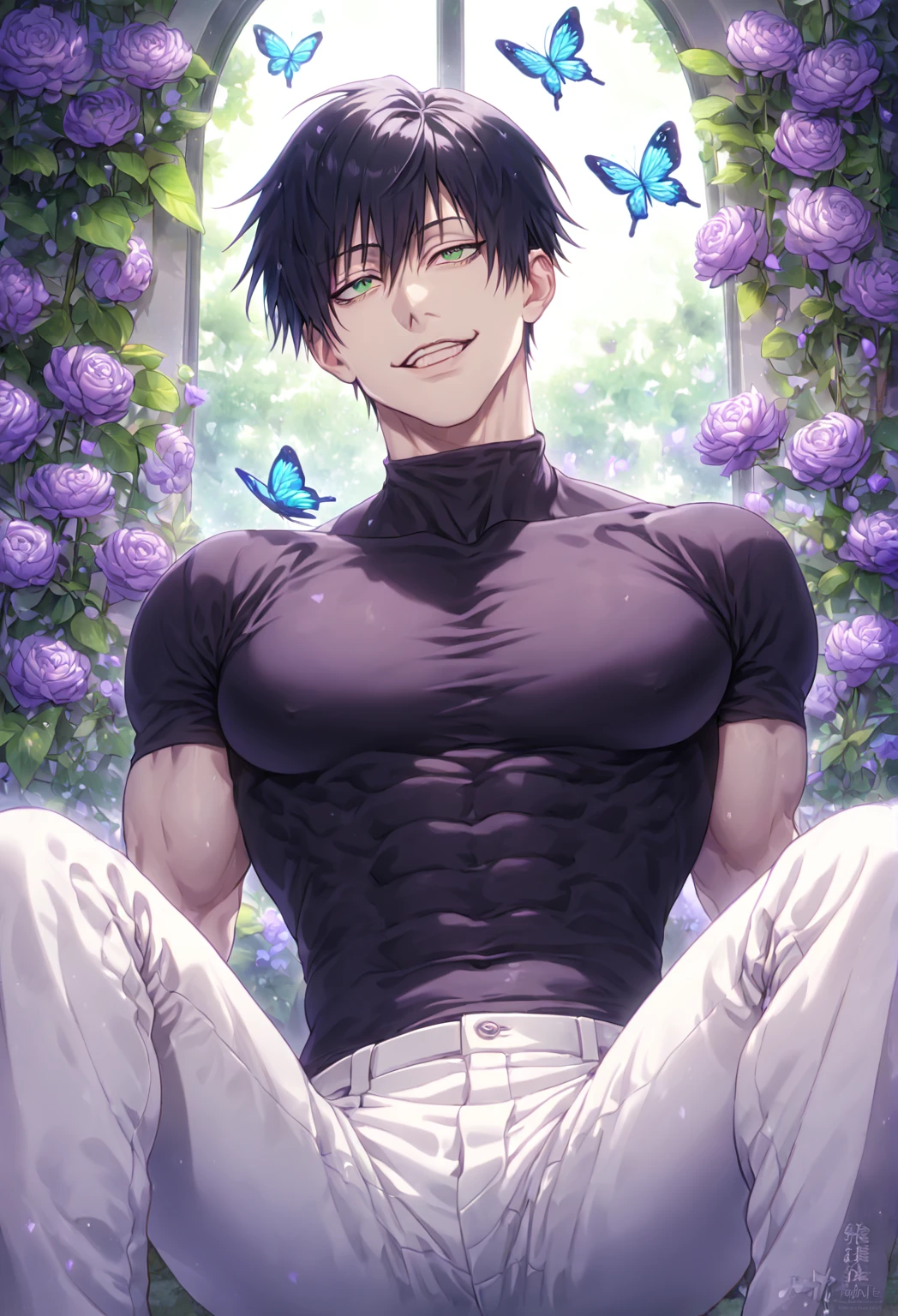 Ultra detailed, HDR, Highres, absurdres, master piece, Fushiguro Touji, black hair, expressive green eyes, toned chest, black underwear, without shirt, Jujutsu Kaisen, solo, pink glittering butterflies, pink ice, petals, pink ice glass roses, sexy man sitting, sensual, handsome, glittering, water, fantasy, magical, manly man, handsome smile,