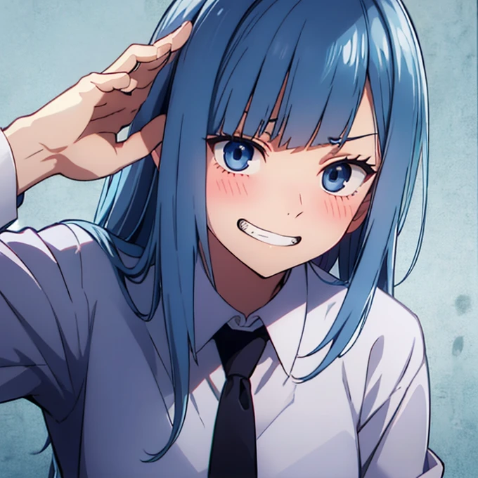 ((Miwa Kasumi 1.3)),Long legs,One Girl, Blue Hair, tie, Long Hair,black tie, blue eyes, shirt, Upper Body, bangs, jacket, white shirt, formal, collared shirt, Mouth closed, suit, blunt bangs, School uniform,((Panic face:1.3)),Open your mouth,(Blushed:1.3),Adult women,((extremely detail)),((8k)),surprise,(Embarrassed),cute,Cute expression,((deep detail eyes:1.4)),((evil grin:1.3)),(bright eyes:1.3)