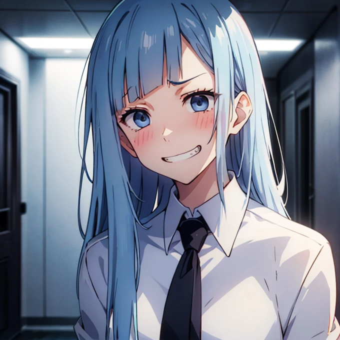 ((Miwa Kasumi 1.3)),Long legs,One Girl, Blue Hair, tie, Long Hair,black tie, blue eyes, shirt, Upper Body, bangs, jacket, white shirt, formal, collared shirt, Mouth closed, suit, blunt bangs, School uniform,((Panic face:1.3)),Open your mouth,(Blushed:1.3),Adult women,((extremely detail)),((8k)),surprise,(Embarrassed),cute,Cute expression,((deep detail eyes:1.4)),((evil grin:1.3)),(bright eyes:1.3)