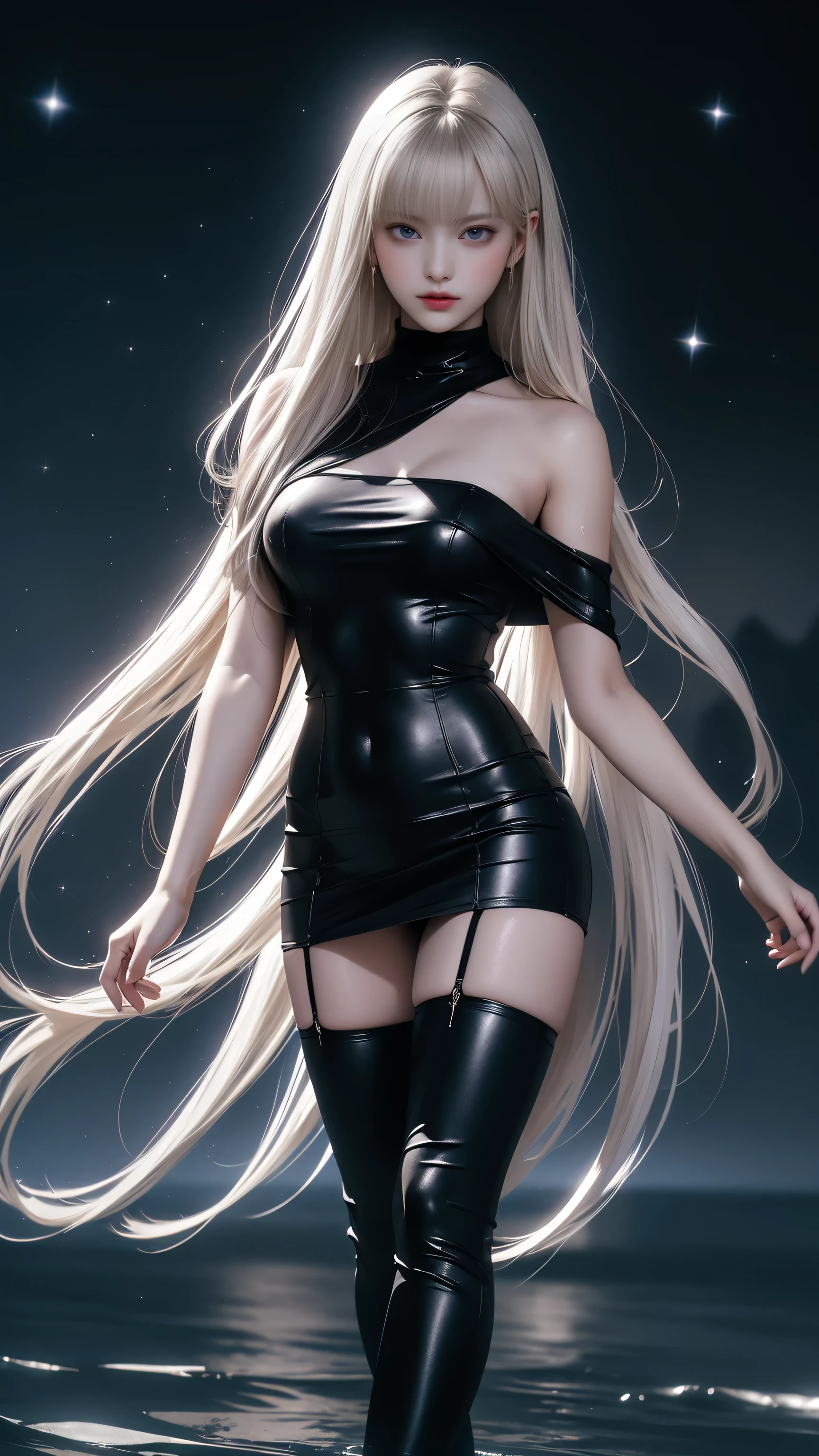 Master anime work, impeccable masterpiece, a sexy mature modern woman in cool sexy modern clothes standing on a pure white background, flowing silver hair, full body standing, slender legs, straight breasts, detailed face details, natural and beautiful standing, vivid and real body details, perfect abdomen