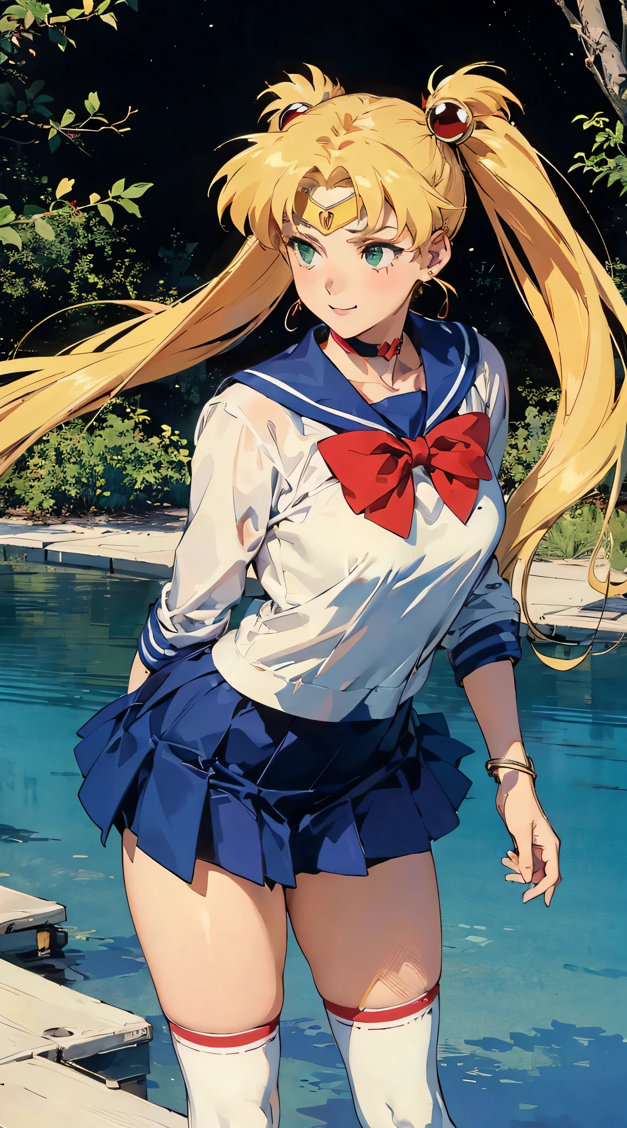 ((masterpiece)), (best quality), official art, extremely detailed CG,
1girl, sailor moon, blue eyes, blonde hair, long hair, hair bun, jewelry, sailor senshi uniform, blue sailor collar, red choker, twintails, red bow, blue skirt, holding binoculars, outdoors, forest, Realistic portrait of the protagonist of the anime Sailor Moon (Super detailed,ultra high resolution,detailed background),((2D)),((flat color)),((colorful)),((floating colorful water)),1 girl,alone,looking at the viewer,break girl, sweat, steam, medium breast, shy, detailed hand, shy, light smile, looking at viewer,