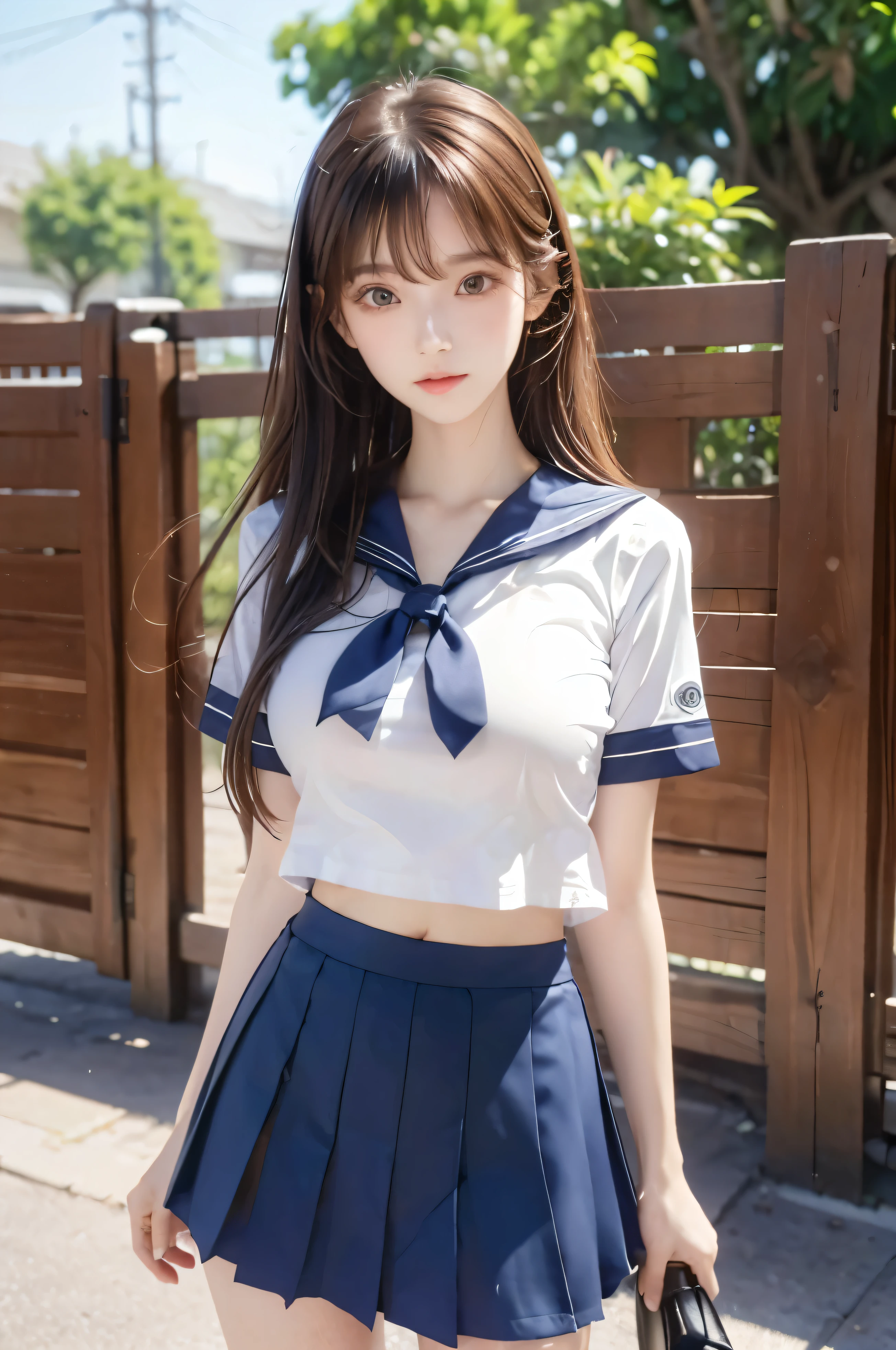 (Ultra HD), (Looking at me), (Short-sleeved sailor uniform, Navy blue mini skirt), Big Breasts, Super beautiful breasts, Slender, (Thin legs:1.2), (Thin thighs:1.2), (Thin Hips:1.4), (Beautiful Skin, Shiny skin, White skin), (Super slim face, Super beautiful face, No makeup, Smile:0.6), (Light Brown, Long Hair, Layered Cut, Fluffy hair), (Big eyes:1.3, High corners of the eyes:1.6, double eyelid), (Thin eyebrows:0.1), (Small Nose:0.6), (Thin lips:0.6), Beautiful Hands, Empty-handed, Standing, In front of the school gate