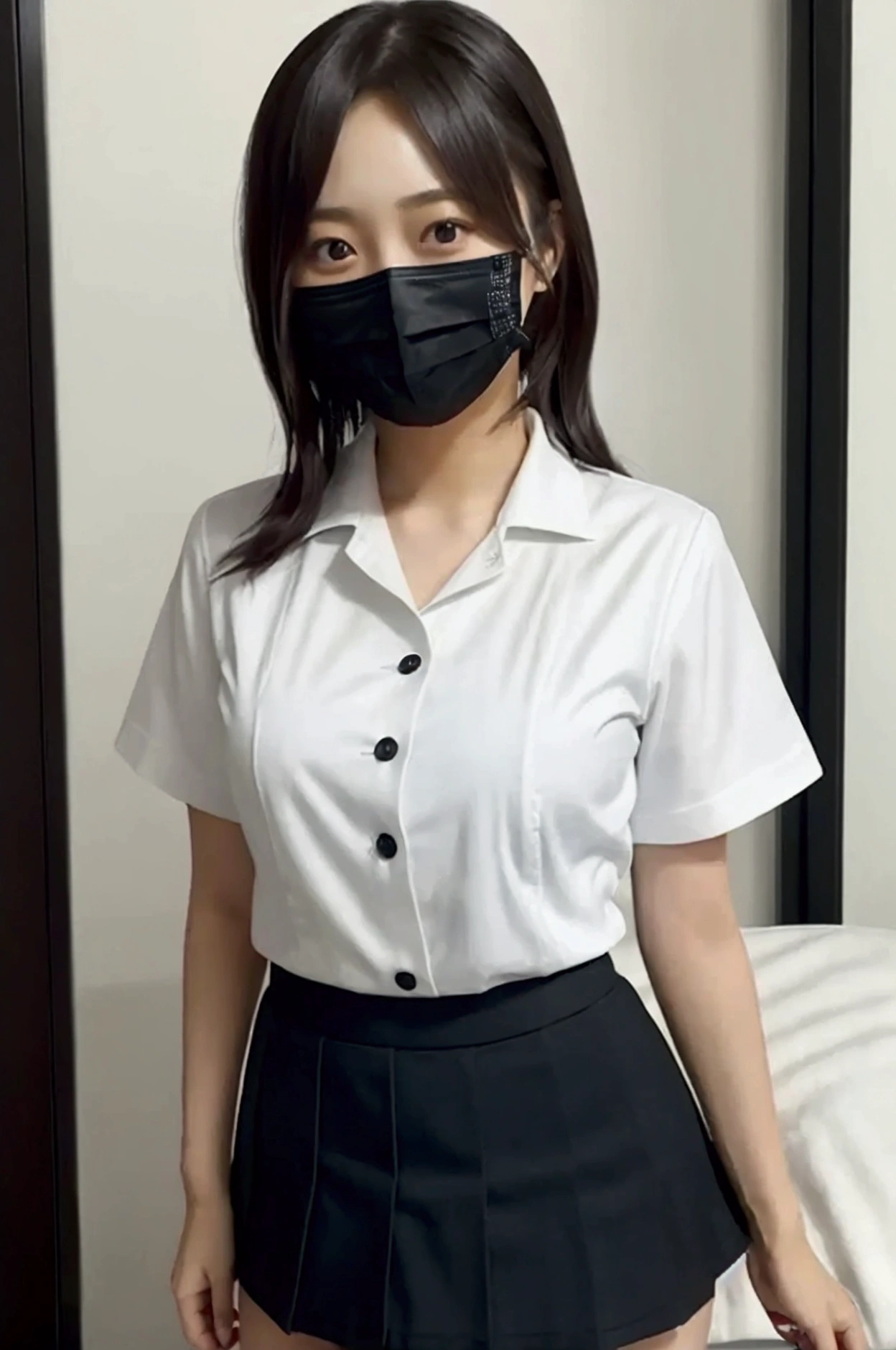 best qualtiy,tmasterpiece,超高分辨率,(realisticlying:1.4),1girll,Smaller bust,office lady uniform,black lence stockings