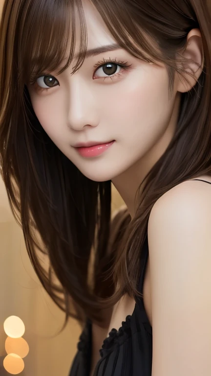 1girl, Extremely cute, amazing face and eyes, (extremely detailed beautiful face), (Ultra realistic), (highly detailed eyes, highly detailed hair, highly detailed face, highly detailed plump lips), naked, (off shoulder), breasts, upper body, caute smile, (best quality:1.4), Raw photo, (realistic, photo-realistic:1.37), professional photography, cinematic light,