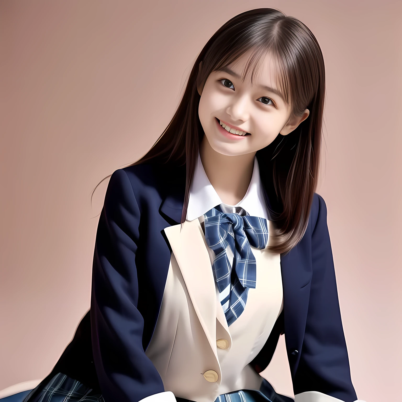 (Highest quality, masterpiece:1.2), Highest quality, High resolution, 1080P, 8k, height: 158cm, (Noble, Japanese **** mysterious hypnotist is seated on a pink flat floor and smiling directly at me in school uniform, Looking up at me deeply with her kawaii supreme, Hypnotizing me: 1.8), looking me, (well arranged, balanced, neat glossy straight very long hair), (Half-closed, Looking up to me, Very sleepy, Double-eyelids, completely balanced, brown large large dreaming sleepy Japanese eyes with detailed beautifully: 1.6), (Glossy lips: 1.8), (Drives me crazy for her navy-colored neat tartan checkered blue skirts and make me fall into her navy-colored plaid-print pleats skirt: 1.4), (Fine white face that looks like she has never been out of home: 1.6), (Navy colored school uniform blazer: 1.6), (Navy blue pleated school uniform tartan checkered skirt: 1.5), (Plain-red school ribbon on the breast), (Complete plain pink background: 1.8), (Girl whom everyone loves because of her beauty and neat school fashion and noble manner and magic-charm of succubus: 1.7), full body shot, (jolly face expression), (evenly cut curled bangs), White light hitting my face, (Very very large, dreamy, Adorable eyes, Looking deeply at me: 1.5), 