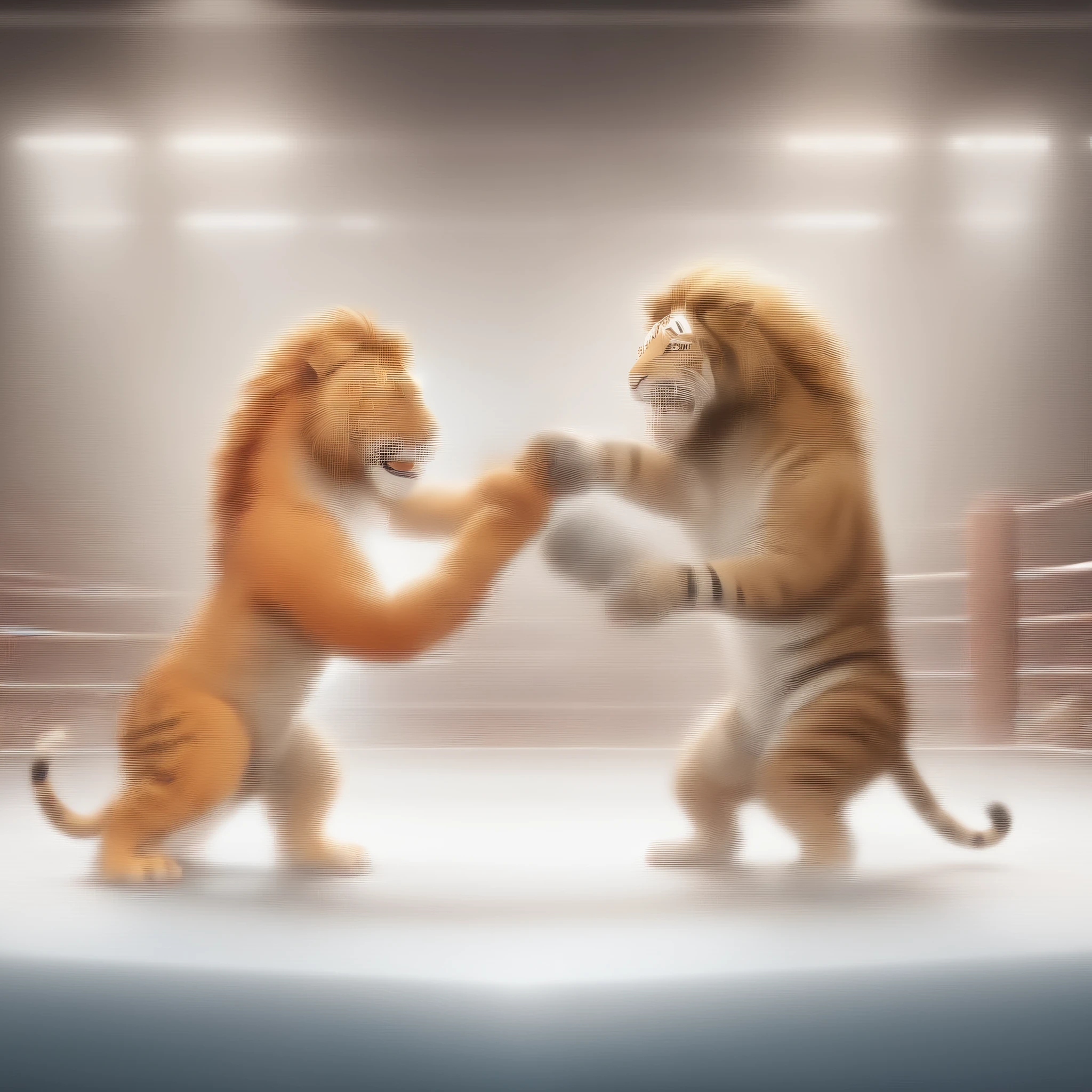 a close up of two men in boxers with a lion and a tiger, vray and arnold, fights, muscular characters, 3 d animated movie, tiger_beast, realistic cgi, tv commercial, close-up fight, realistic cartoon, epic fights, arm wrestling, 🐋 as 🐘 as 🤖 as 👽 as 🐳, fight, new cats movie, a hyper realistic