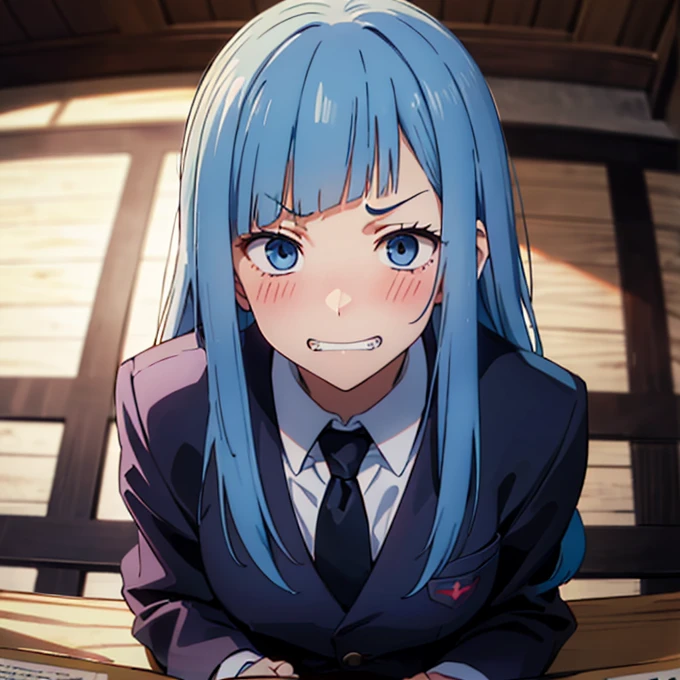 ((Miwa Kasumi 1.3)),Long legs,One Girl, Blue Hair, tie, Long Hair,black tie, blue eyes, shirt, Upper Body, bangs, jacket, white shirt, formal, collared shirt, Mouth closed, suit, blunt bangs, School uniform,((Panic face:1.3)),Open your mouth,(Blushed:1.3),Adult women,((extremely detail)),((8k)),surprise,(Embarrassed),cute,Cute expression,((deep detail eyes:1.4)),((evil grin:1.3)),(bright eyes:1.3),(looking up:1.3),(looking at viewer)