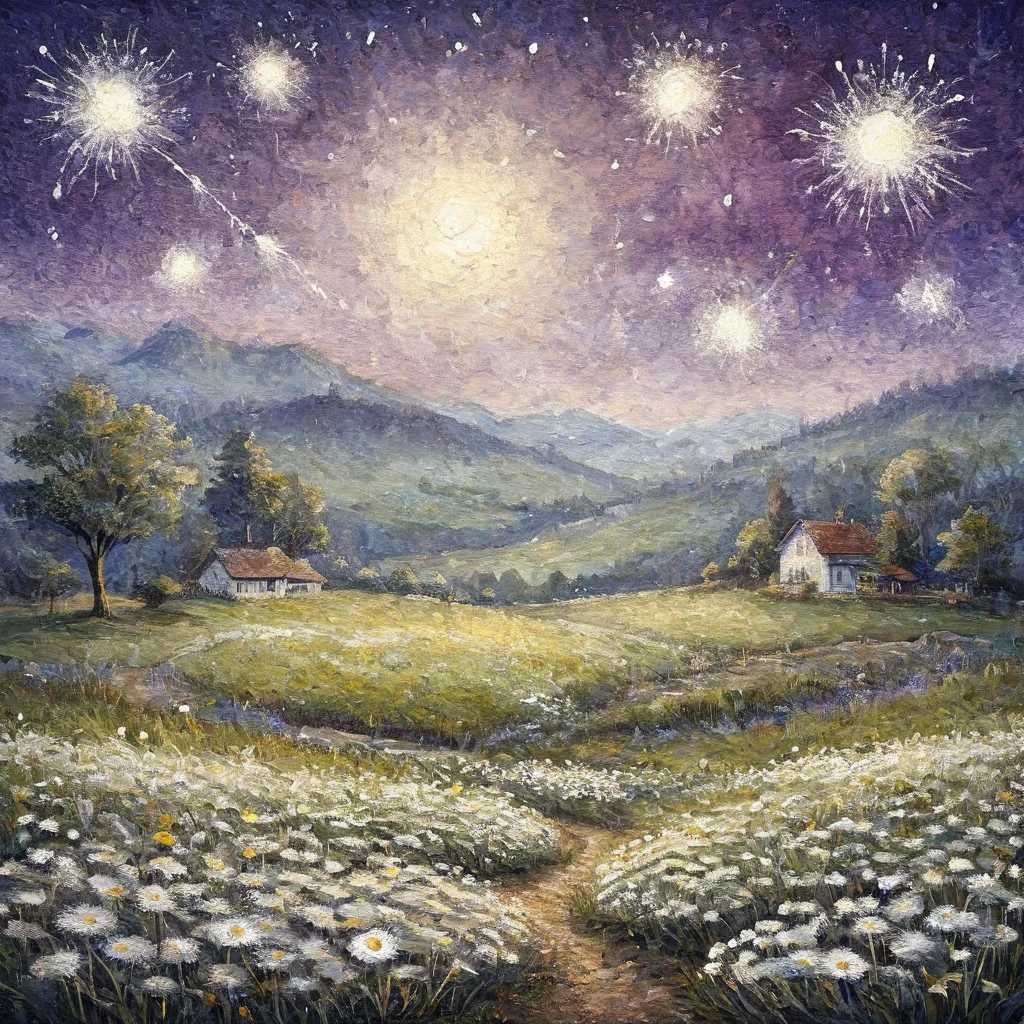 best quality , Super finbest quality , Super fine detailed illustration , 16K , Landscape  print art ,  Expressing light through pointillism ,  dry brush stroke technique , impasto technique ,  summer night dream , deep purple night sky , starry sky , white dandelion seeds floating , glowing fireflies , dandelion field , soft glowing light , watercolor technique , dreamy atmosphere , calm and serene , romantic and mysterious mood , gentle light wrapping the scene , magical night .