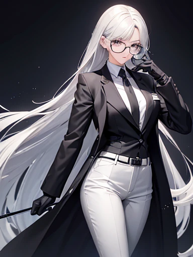 Create an image of an 1 adult, mine will be :
Tall Long silver hair Black eyes A lab coat Half scientific glasses Gray pants and blouse under the lab coat Black heels A black belt And black gloves!
Very serious and cold Anime style She is 1 A sensual body 