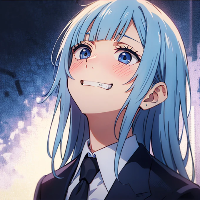 ((Miwa Kasumi 1.3)),Long legs,One Girl, Blue Hair, tie, Long Hair,black tie, blue eyes, shirt, Upper Body, bangs, jacket, white shirt, formal, collared shirt, Mouth closed, suit, blunt bangs, School uniform,(Panic face:1.3),Open your mouth,(Blushed:1.3),Adult women,((extremely detail)),((8k)),surprise,(Embarrassed:1.4),cute,Cute expression,((deep detail eyes:1.4)),((evil grin:1.3)),(bright eyes:1.3),(looking up:1.3),(looking at viewer)