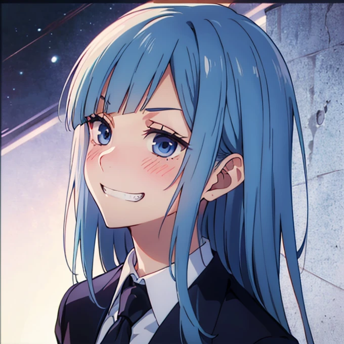 ((Miwa Kasumi 1.3)),Long legs,One Girl, Blue Hair, tie, Long Hair,black tie, blue eyes, shirt, Upper Body, bangs, jacket, white shirt, formal, collared shirt, Mouth closed, suit, blunt bangs, School uniform,(Panic face:1.3),Open your mouth,(Blushed:1.3),Adult women,((extremely detail)),((8k)),surprise,(Embarrassed:1.4),cute,Cute expression,((deep detail eyes:1.4)),((evil grin:1.3)),(bright eyes:1.3),(looking up:1.3),(looking at viewer)