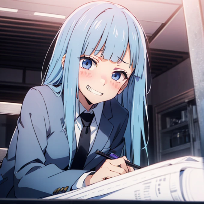 ((Miwa Kasumi 1.3)),Long legs,One Girl, Blue Hair, tie, Long Hair,black tie, blue eyes, shirt, Upper Body, bangs, jacket, white shirt, formal, collared shirt, Mouth closed, suit, blunt bangs, School uniform,(Panic face:1.3),Open your mouth,(Blushed:1.3),Adult women,((extremely detail)),((8k)),surprise,(Embarrassed:1.4),cute,Cute expression,((deep detail eyes:1.4)),((evil grin:1.3)),(bright eyes:1.3),(looking up:1.3),(looking at viewer),(Tilt your head:1.1),A sly smile